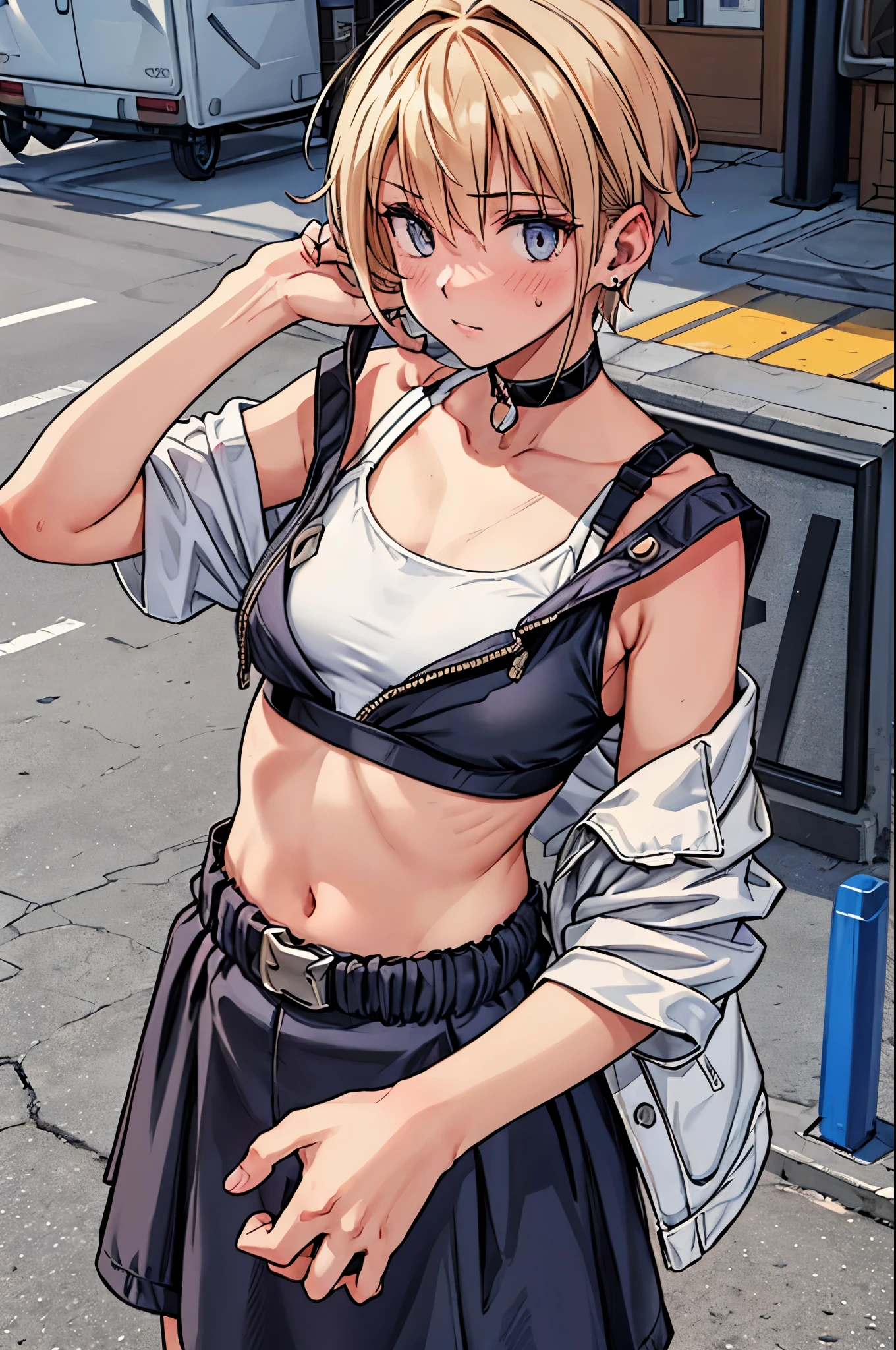 best quality,ultra-detailed,((background:outside street1,8)),(walking in the street),((face-focus),(portrait),((one boy)),((fem boy)),((trap)),((bulge)),black-choker,earrings((blonde short hair)),((man’s face)),((dress up as a woman)),((blush)),((flustred)),((poor chest)),((flat chest)),(cold-shoulder-t shirts),(sports-bra tops),vibrant colors,soft lighting,