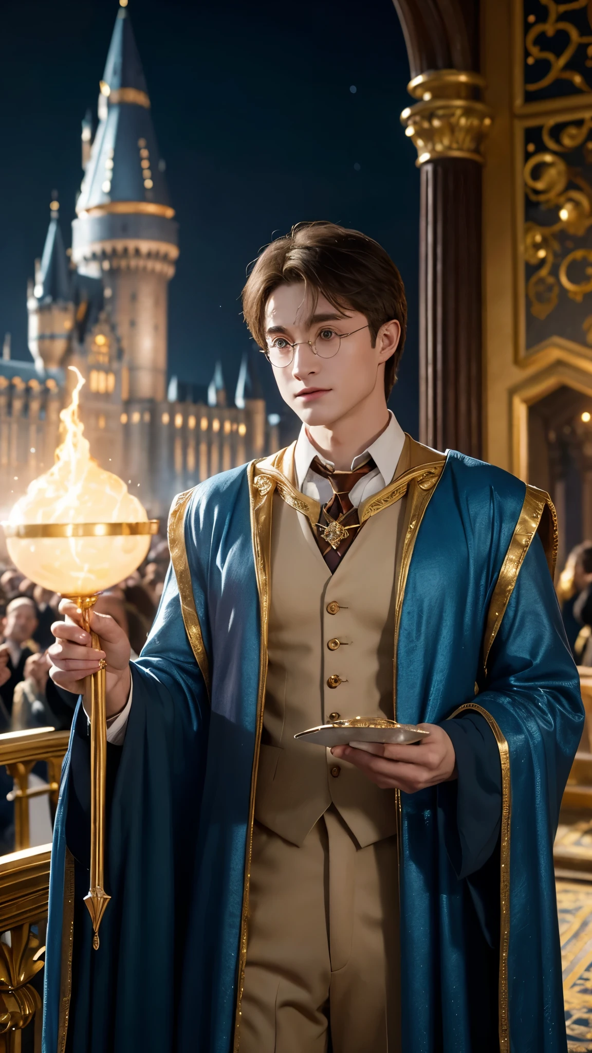 Blue-skinned Harry Potter, muscular body, naked upper body, golden ornaments, flashy costumes, Hogwarts in background, golden king, Harry Potter the emperor of gold, depicted in center, crowd in background, golden effects, golden magic, high quality,Harry Potter with golden skin, muscular body, naked upper body, nothing on upper body, golden ornaments, fancy clothes, Hogwarts in background, golden king, Harry Potter the emperor of gold, depicted in center, crowd in background, golden effects, golden magic, high quality, adoring Dumbledore, adoring Lord Voldemort,