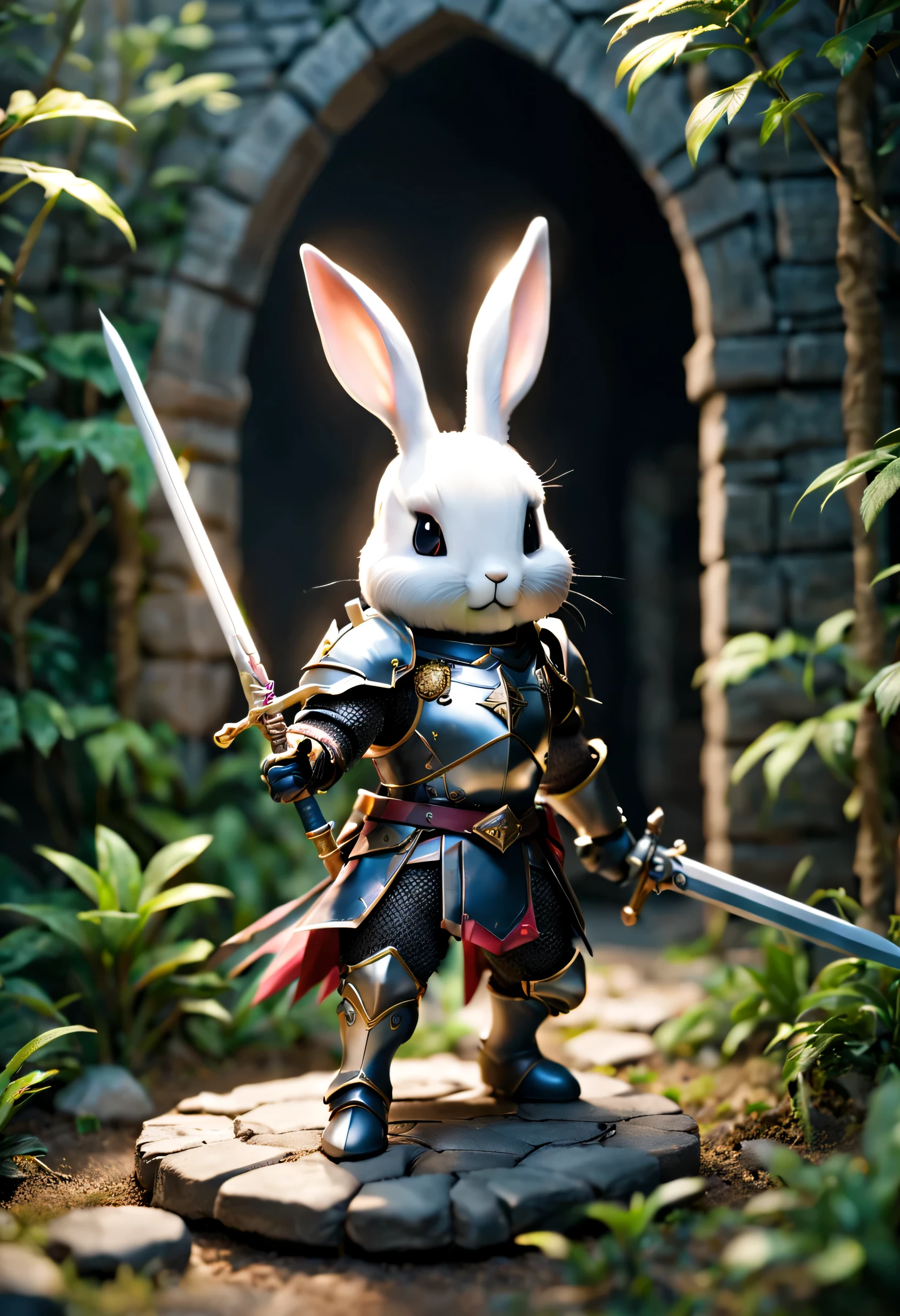 Full body Esbian、Cool rabbit、Pop Rabbit、diorama、simple background、background white、Black Knight、sword、masterpiece, highest quality, Capture the cutest moments, written boundary depth, Super detailed, ultra high resolution, octadale, 8k, 16km race