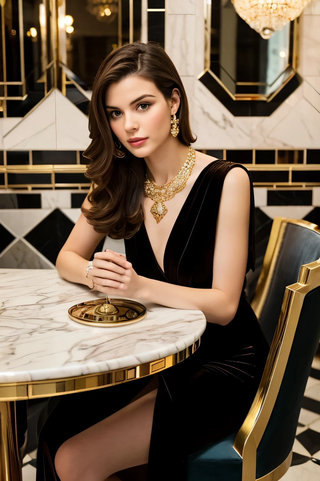 Editorial style photo, medium closeup shot, off - center, a young french woman, brunette, sitting, black gucci dress, diamond necklace, Art Deco Dining Room, Marble Table, Velvet, Brass, Mirror, Intricate Tile Work, Jewel Tones, West Elm, chandelier,
Restaurant, Evening, natural lighting, Fujifilm,
Historical, 4k