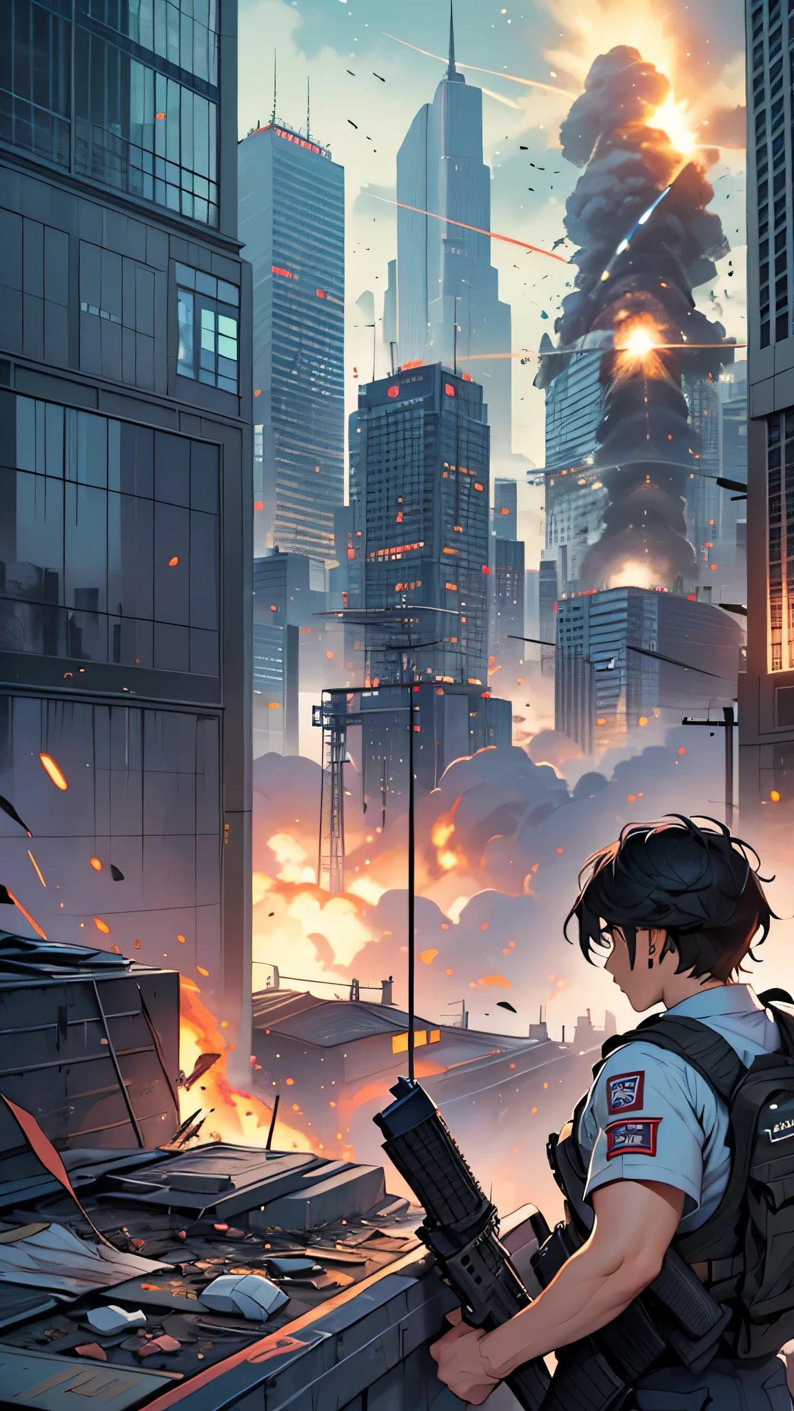 最high quality、best image quality、masterpiece、male person((25 years old、 muscular、Black Short Sleeve T-Shirt、black long pants、black haired、発光するeye、shout、eye、Kiai Pose、Hold an assault rifle、bulletproof vest、shooter(1:3)）high quality、beautiful art、With background((Tattered city、battlefield,big explosion、missile air attack))、table top、elaborate design、visual art
