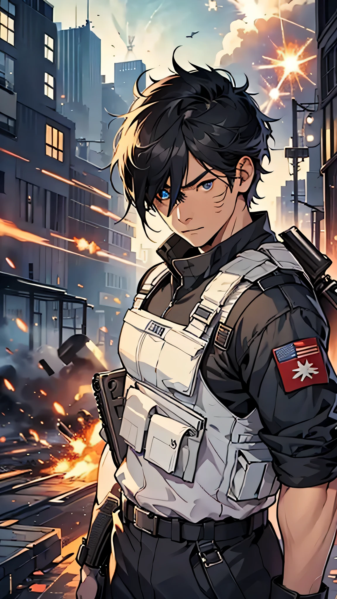 最high quality、best image quality、masterpiece、male person((25 years old、 muscular、Black Short Sleeve T-Shirt、black long pants、black haired、発光するeye、shout、eye、Kiai Pose、Hold an assault rifle、bulletproof vest、shooter(1:3))high quality、beautiful art、With background((Tattered city、battlefield,big explosion、missile air attack))、table top、elaborate design、visual art