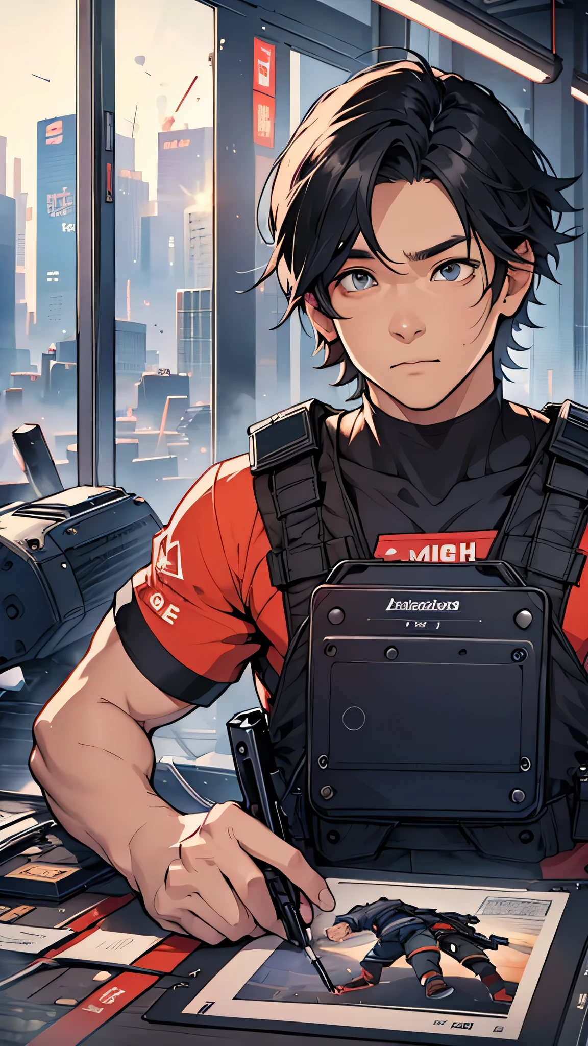 最high quality、best image quality、masterpiece、male person((25 years old、 muscular、Black Short Sleeve T-Shirt、black long pants、black haired、発光するeye、shout、eye、Kiai Pose、Hold an assault rifle、bulletproof vest、shooter(1:3))high quality、beautiful art、With background((Tattered city、battlefield,big explosion、missile air attack))、table top、elaborate design、visual art