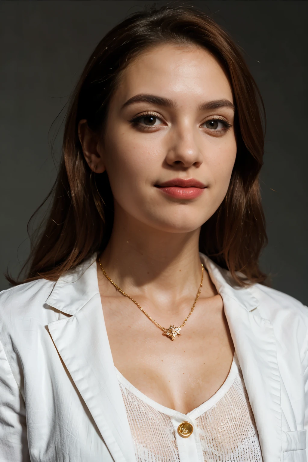 ((melhor qualidade)), ((obra de arte)), (detalhado), rosto perfeito,render,perfect makeup,egyptian eye liner,vivid red lipstick,red dust on cheeks,gold powder above eyes,shiny hair,perfect hair,red hair,big  smile,extremely happy,necklace,consultory,doctor clothes,female suit,white coat,stetoscope,light gray background,professional profile