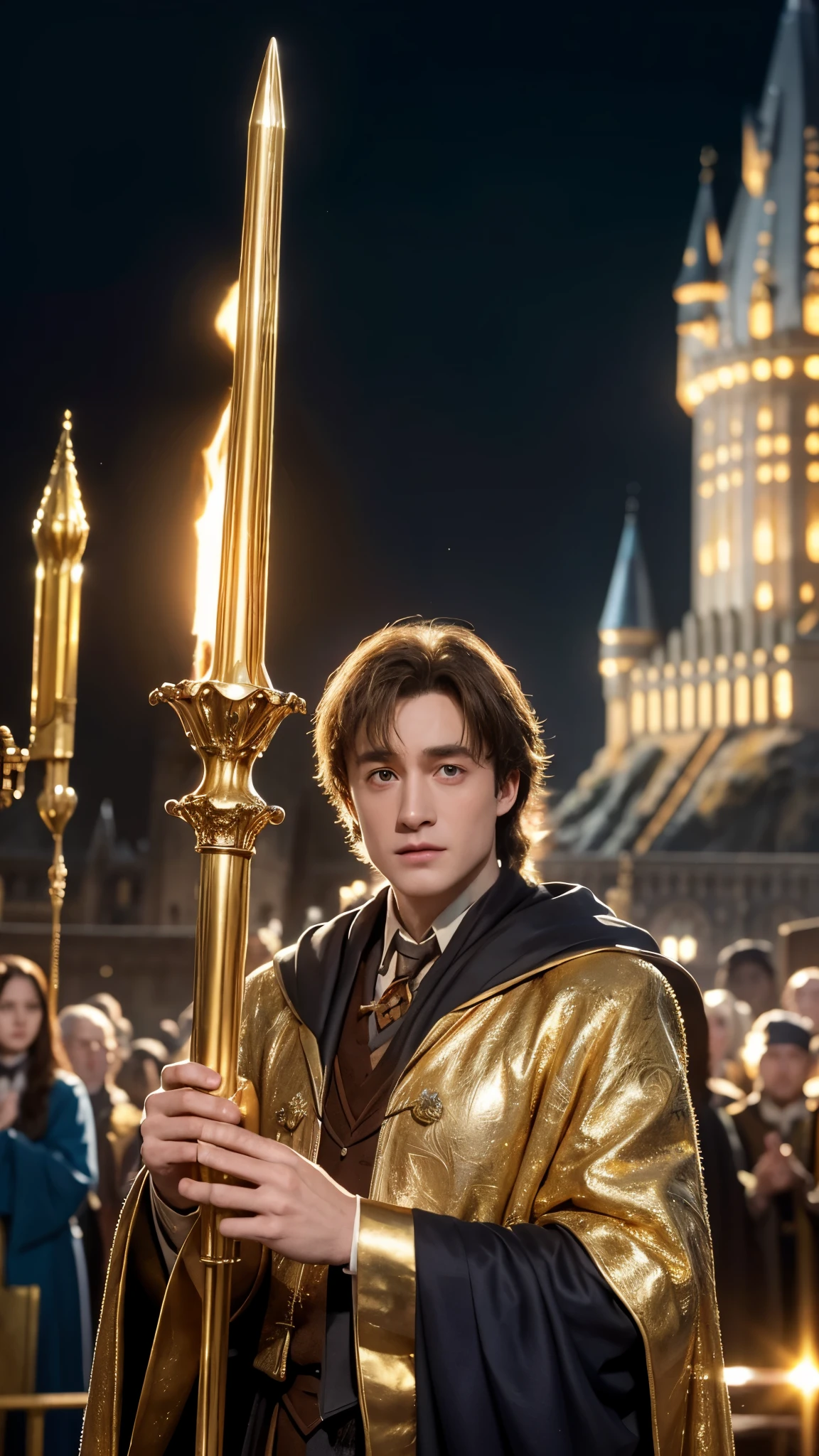 blue skin Harry Potter, muscular body, bare upper body, golden ornaments, flashy costume, Hogwarts in the background, golden king, golden emperor Harry Potter, painted in the center, crowd in the background, golden effect, golden magic, high quality,Harry Potter with golden skin, muscular body, bare upper bodyHarry Potter with golden skin, nothing on, naked, nothing on upper body, golden ornaments, flashy costume, Hogwarts in background, golden king, golden emperor Harry Potter, painted in the center, crowd in background, golden effect, golden magic, high quality, high definition、Harry Potter, the king who unifies the universe, robot in the background,