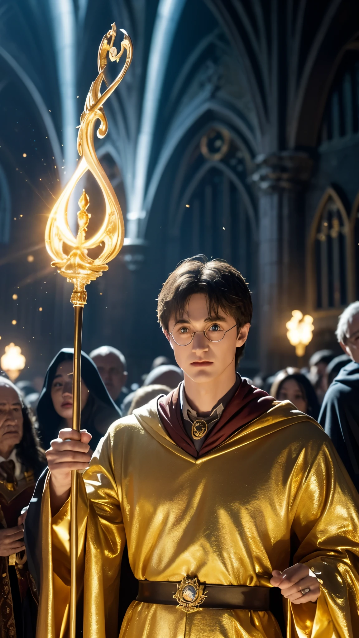 Blue-skinned Harry Potter, muscular body, naked upper body, golden ornaments, flashy costumes, Hogwarts in background, golden king, Harry Potter the emperor of gold, depicted in center, crowd in background, golden effects, golden magic, high quality,Harry Potter with golden skin, muscular body, naked upper body, nothing on upper body, golden ornaments, fancy clothes, Hogwarts in background, golden king, Harry Potter the emperor of gold, depicted in center, crowd in background, golden effects, golden magic, high quality, adoring Dumbledore, adoring Lord Voldemort,