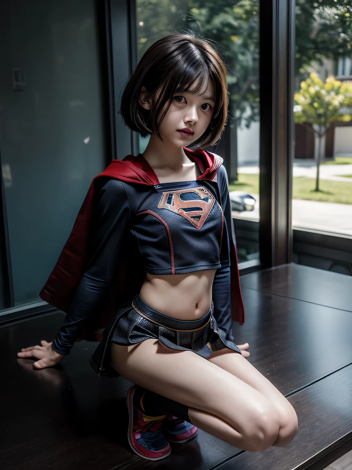 very young supergirl elementary school student, masterpiece, highest quality, abstract, on the desk outdoors、(honeycomb pattern), (creative:1.3), fantasy 00d、 black hair、bob cut with trimmed ends、flat chest、very thin crotch、con、belly button、High-leg style、red cloak、pointed nipples、(((squat)))、transparent clothes、please open your knees、very bright lighting