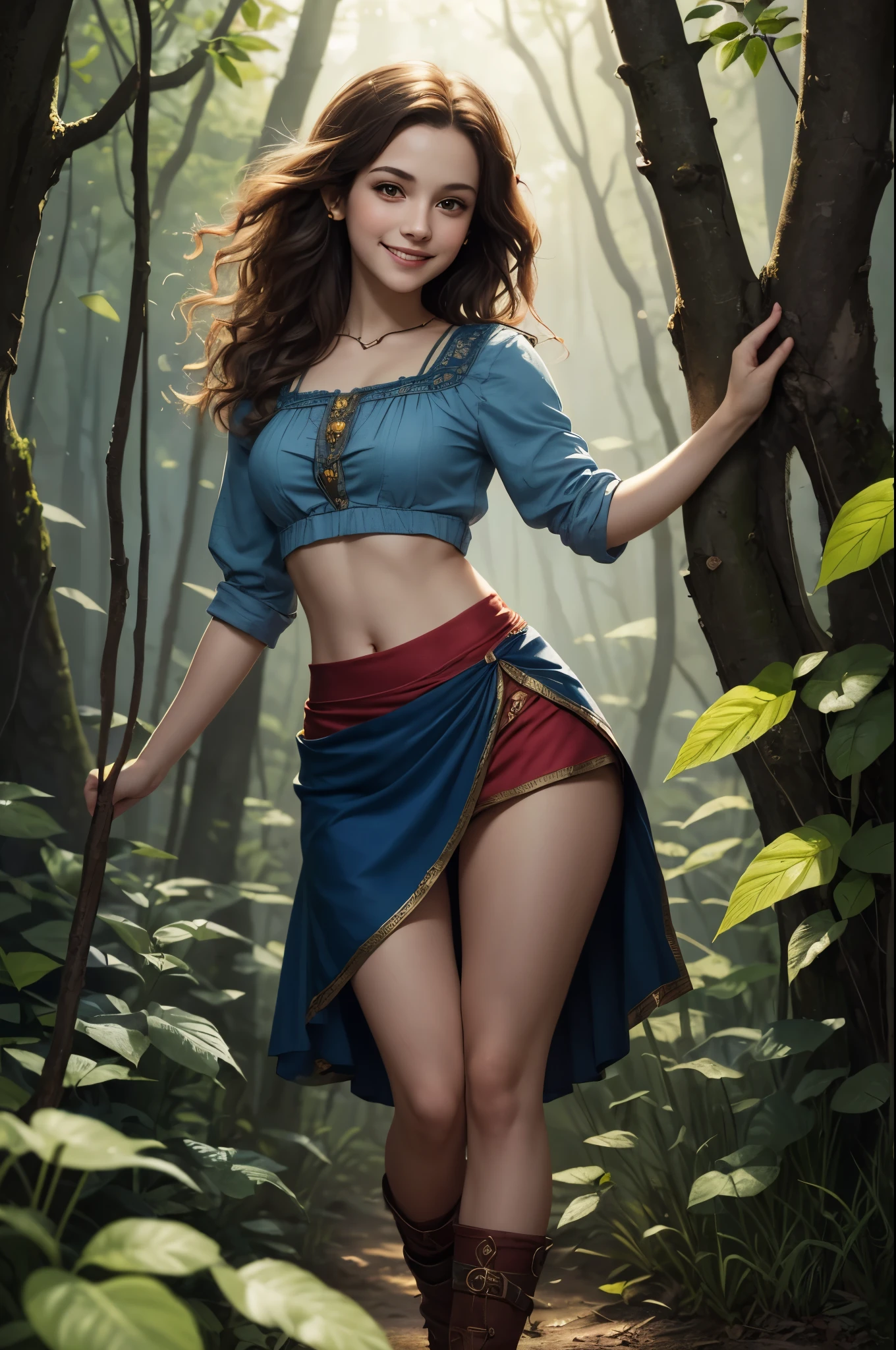 Halfling woman, bright eyes, curly hair, pointed ears, ((full body)), short stature, gypsy, wearing blue blouse and red skirt, bare midriff, in a green forest. Smiling, playful, watercolor illustration, dramatic lighting, (depth of field), ((masterpiece)), ((best quality)), ((highly detailed))