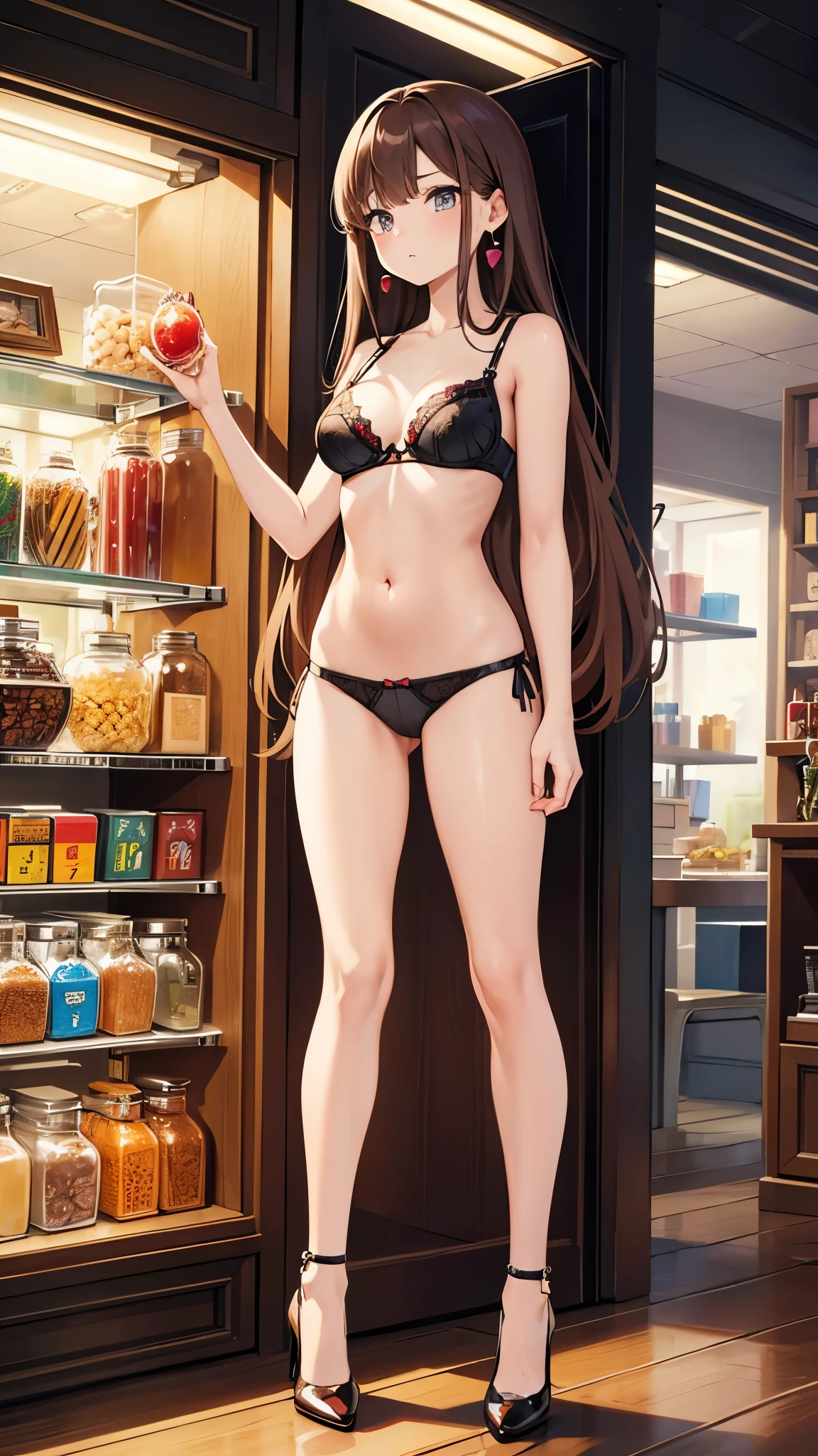 a bionic woman stands amongst her candy jars in an undated colorized photo, 1girl, solo, underwear, brown hair, long hair, high heels, bra, jewelry, earrings, panties,