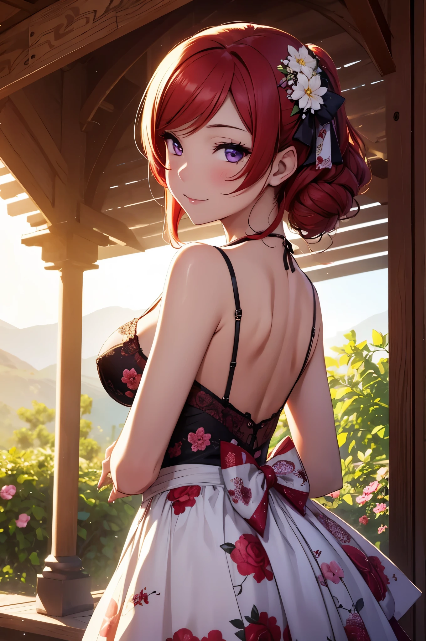 (Masterpiece, Best Quality, High Quality),Nishikino maki, Red hair, purple eyes, (from side),moist skin,volumetric lighting, illustration, beautiful, a bow,upper body, (camisole :1.1), big breasts, cleavage, floral print, looking at viewer,big breasts ,confident, seductive smile, (arms behind back, head tilt:1.1),hand on hip,heart pendant, perfect lighting, perfect shadows, flower, (breathtaking scenery:1.1), tree, blushing, outdoors 