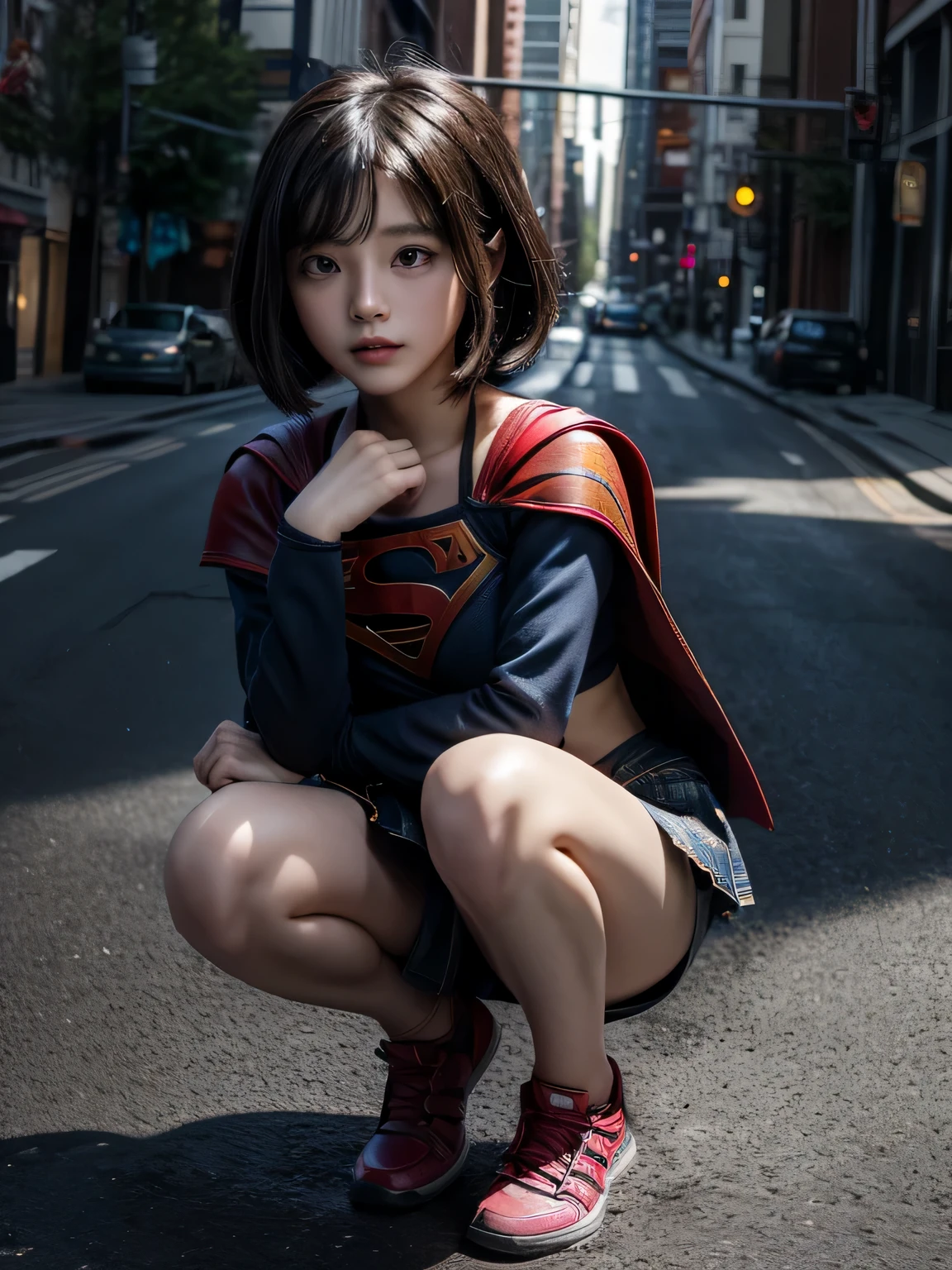 very young supergirl elementary school student, Highly realistic depiction、masterpiece, highest quality, abstract, on the road during the day、(honeycomb pattern), (creative:1.3), fantasy 00d、 black hair、bob cut with trimmed ends、flat chest、very thin crotch、lolicon、belly button、High-leg style、red cloak、pointed nipples、(((squat)))、The light that illuminates the crotch、put your hands behind your head、