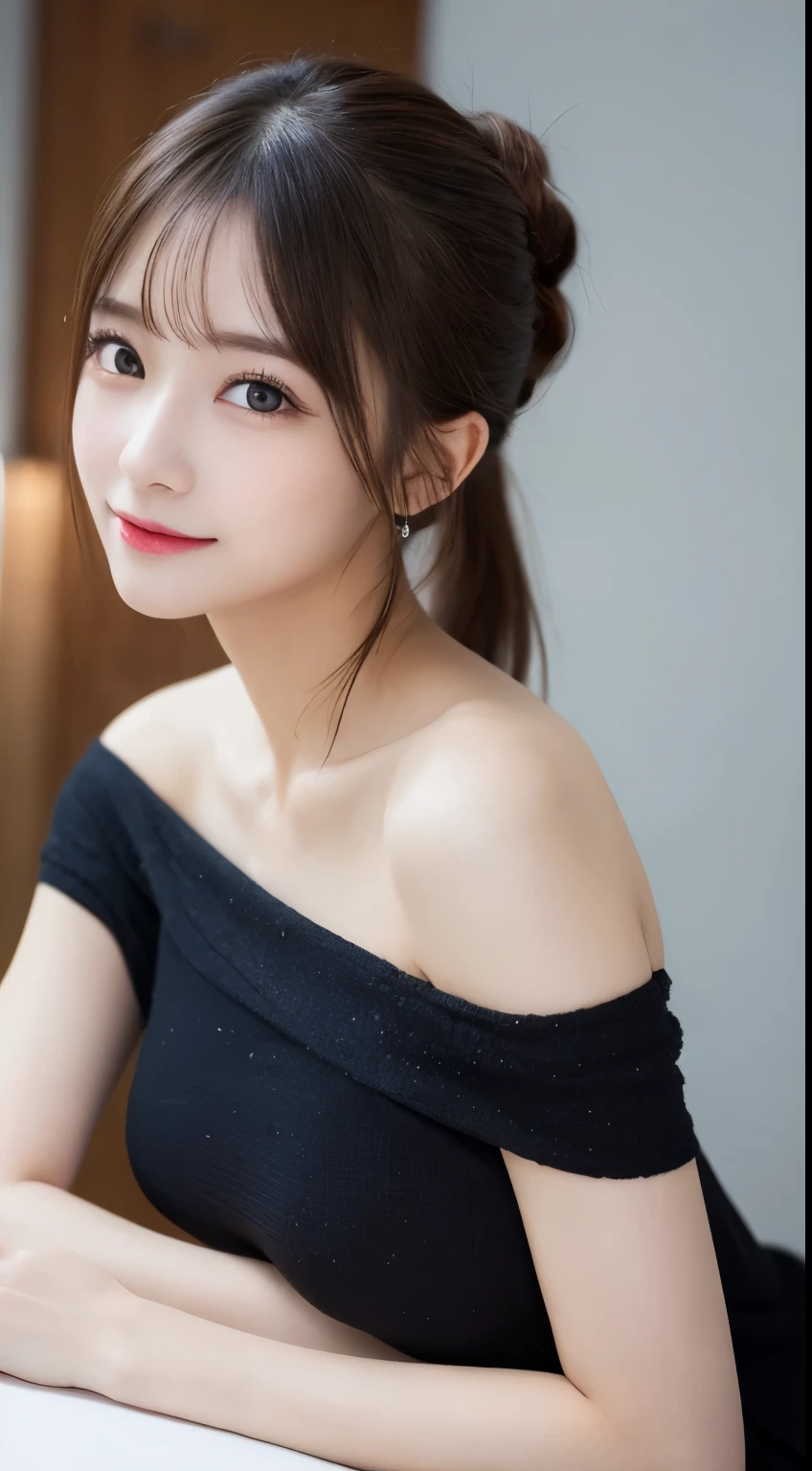 table top, highest quality, shape, Super detailed, finely, High resolution, 8k wallpaper, 完璧なダイナミックな構shape, beautiful and detailed eyes, straight hair, small breasts, natural color lip, random sexy pose,smile,20 year old girl、midnight、beautiful and detailed face、perfect and beautiful face,Big eyes、RAW photo、Expressing feminine poses with your whole body、beautiful and detailed eyes、small face、beautiful duplex、slim face and style,black off shoulder dress、beautiful golden ratio face,twin ponytail hair,bright look,Photographed focusing on beautiful legs