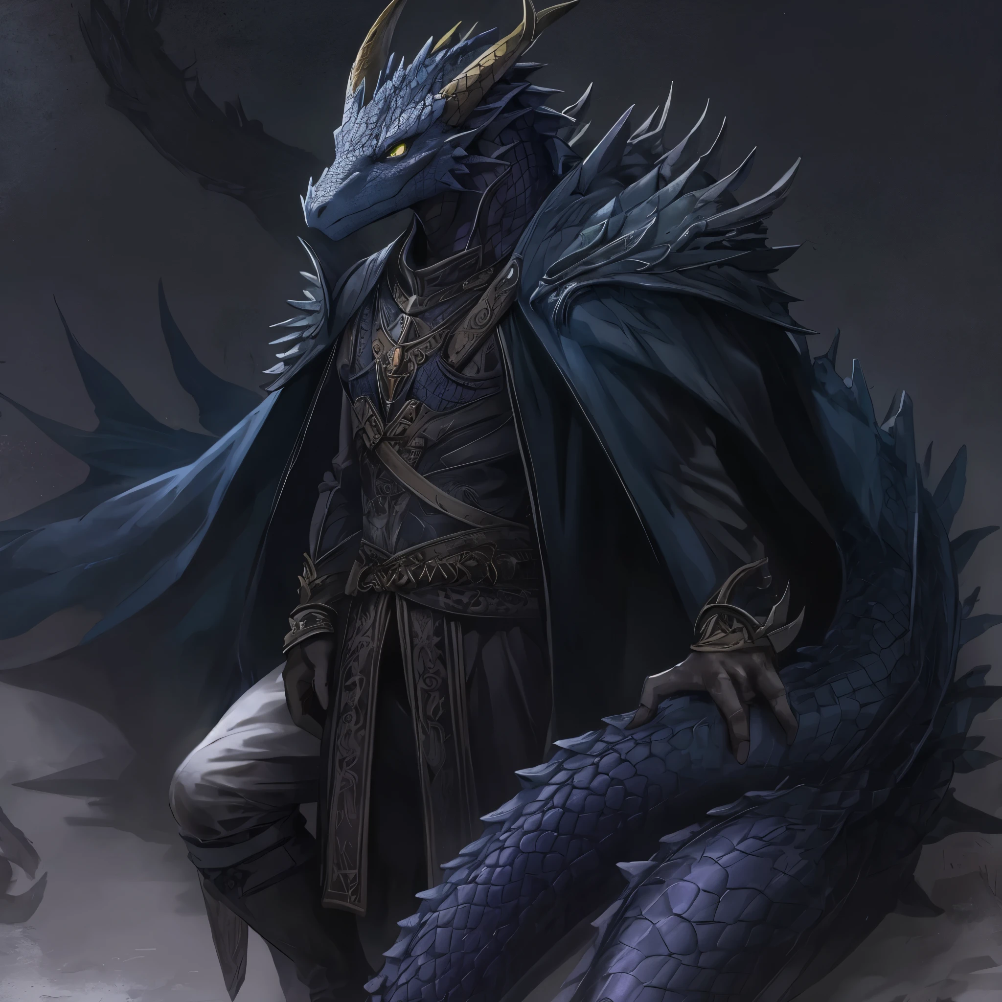 alone, male, human dragon, dark purple scales，There are white horns, Hunter equipment