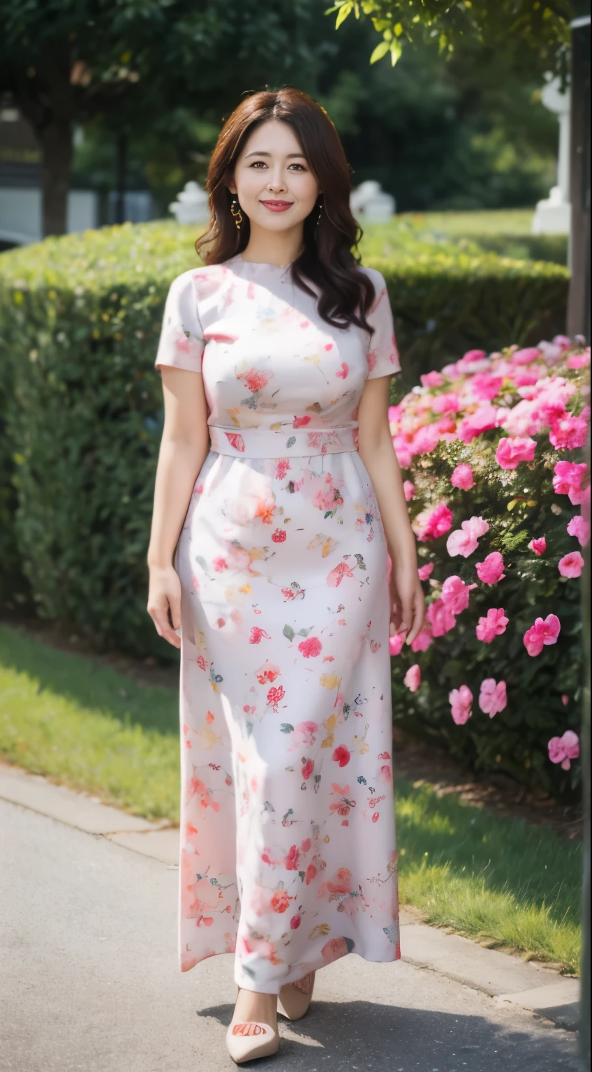 ((top quality、8k、masterpiece:1.3))、sharp focus, High level of image quality, high resolution,,Wear floral pink round neck dress,short sleeve,wavy long hair,37-year-old female,Mature,charming smile,Draw lips correctly, red lipstick,garden background,stand,stand up,whole body,Slightly fat,medium chest,whole body照