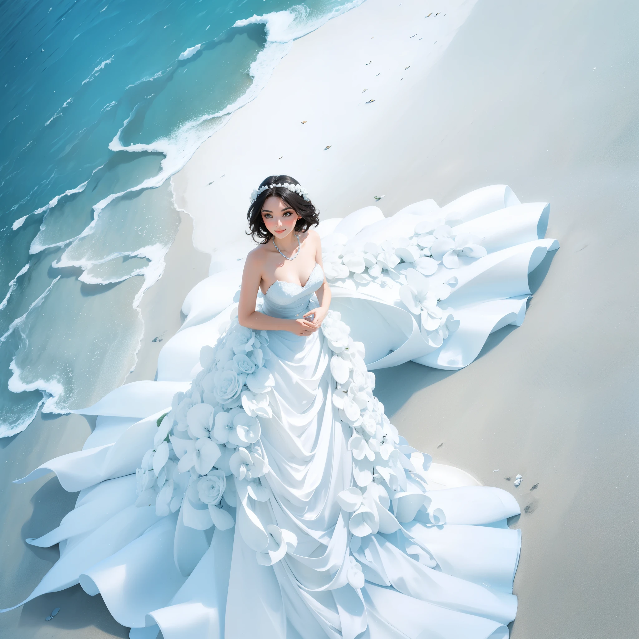 a woman in a white dress standing on a beach near the ocean, white gown, stunning elegant, in a long white dress, stunning ivory dress, soft elegant gown, wearing stunning ivory dress, beautiful gown, dressed beautiful gown, in wedding dresses, beautiful long white dress, beautiful and elegant, long white dress, sexy gown, gown, flowing gown, flowing dress
