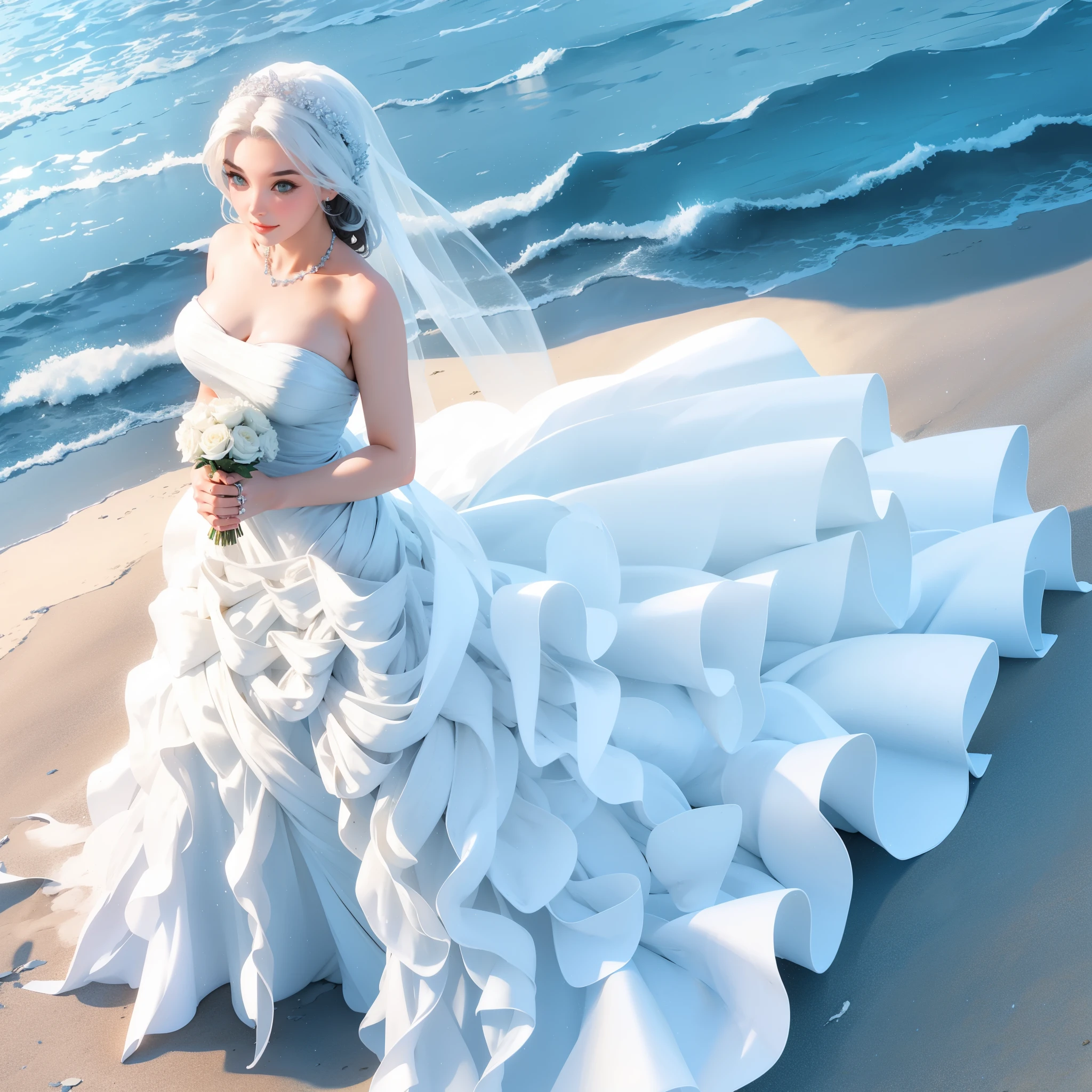 a woman in a white dress standing on a beach near the ocean, white gown, stunning elegant, in a long white dress, stunning ivory dress, soft elegant gown, wearing stunning ivory dress, beautiful gown, dressed beautiful gown, in wedding dresses, beautiful long white dress, beautiful and elegant, long white dress, sexy gown, gown, flowing gown, flowing dress