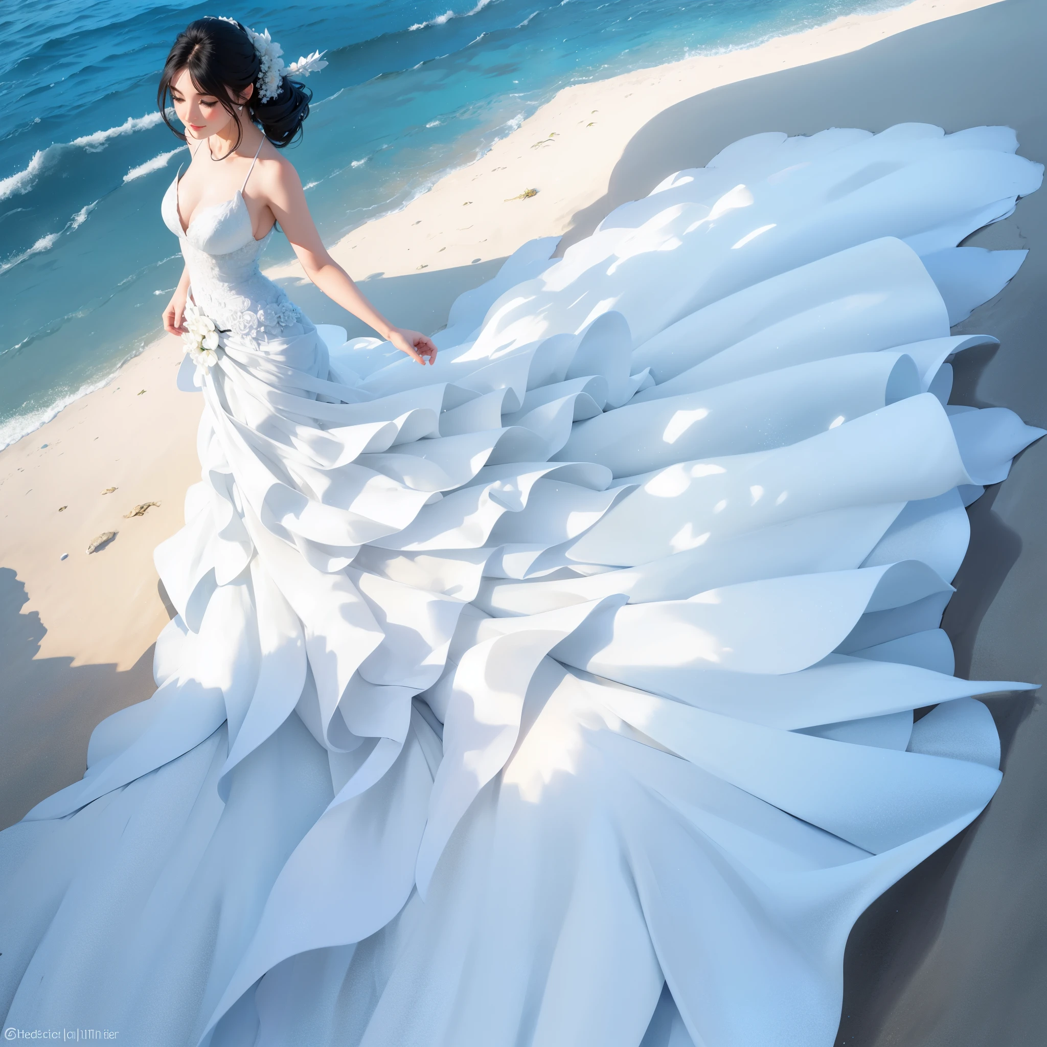 a woman in a white dress standing on a beach near the ocean, white gown, stunning elegant, in a long white dress, stunning ivory dress, soft elegant gown, wearing stunning ivory dress, beautiful gown, dressed beautiful gown, in wedding dresses, beautiful long white dress, beautiful and elegant, long white dress, sexy gown, gown, flowing gown, flowing dress