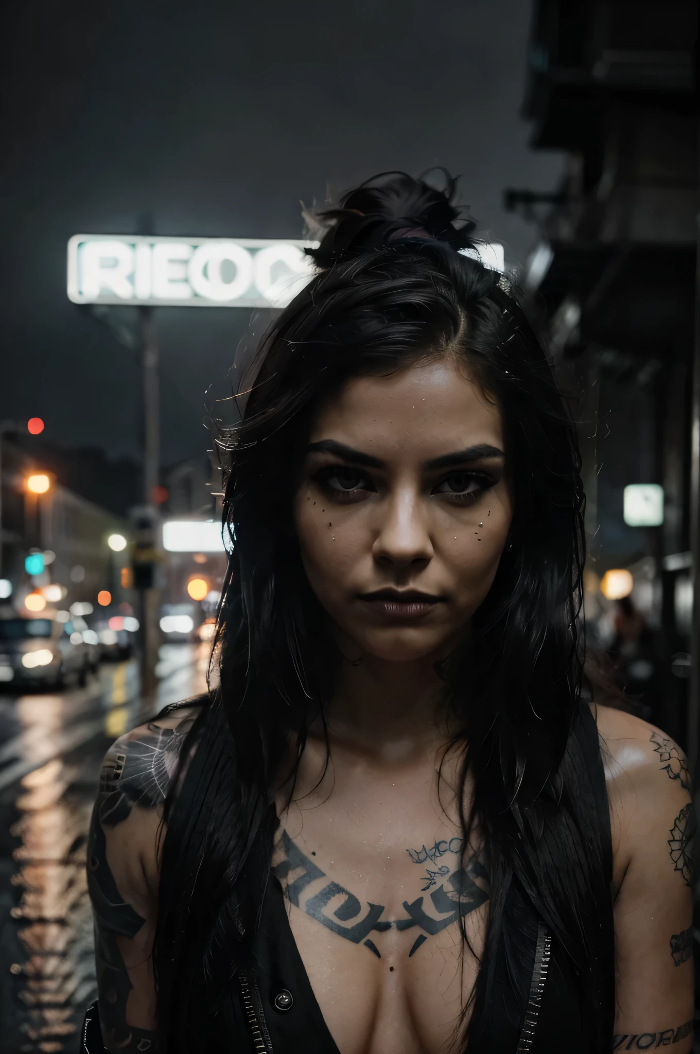 (closeup portrait),(woman:1.1),(long undercut hair:1.1),(night:1.1),(street:1.1),(intense gaze),(tattooed:1.1),(meticulously styled hair),(dark eyeshadow),(stylish outfit),(confident expression),(city lights),(vehicular movement),(rain-kissed sidewalks),(striking contrast),(black and white photography:1.1),(dramatic lighting),(moody atmosphere),(urban setting),(glowing neon signs),(reflection),(mysterious aura),(sharp focus),(high contrast:1.1),(vivid colors:1.1),(bokeh:1.1),(gritty),(cinematic),(artistic angles),(best quality,highres:1.2),(photorealistic:1.37)