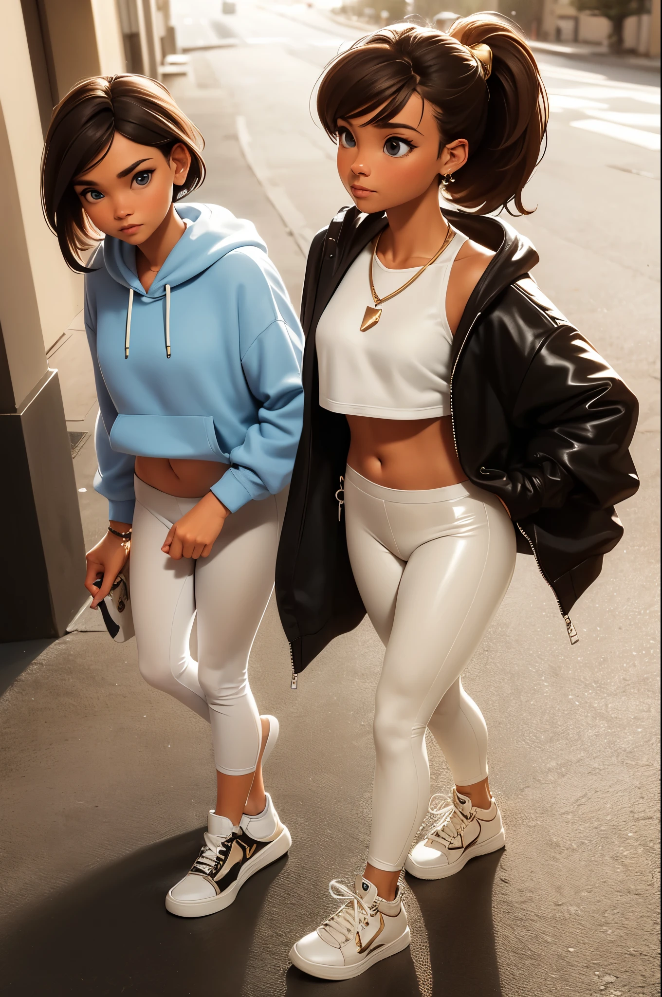 brown hair, blue eyes, ponytail, (white crop top hoodie), (white latex leggings), gold necklace, wrist watch, walking (photorealistic: 1.4), converse, sneakers, sexy pose, sunny environment