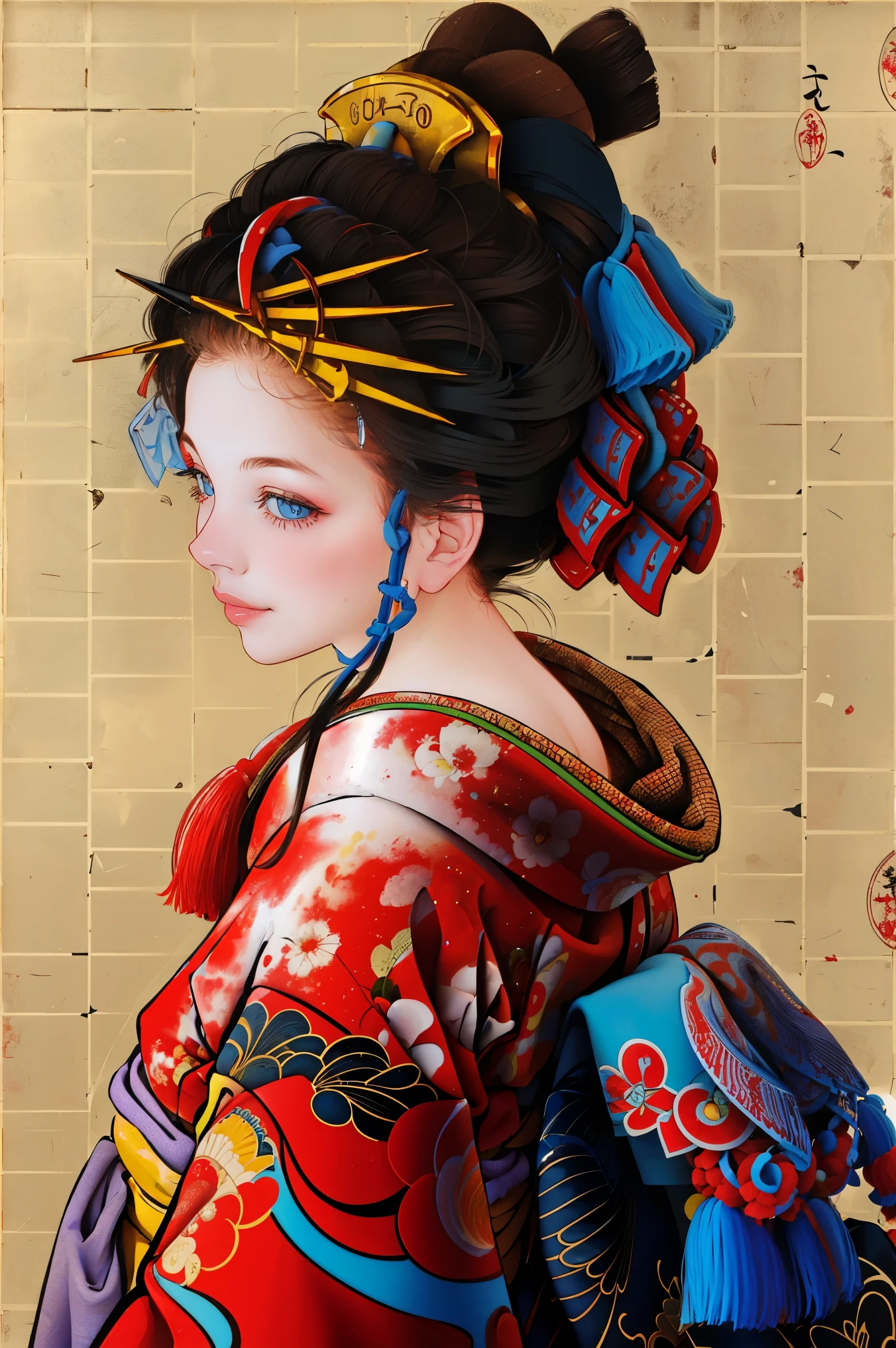 NSFW,
1 girl, alone, looking at the viewer, smile, blue eyes, black hair, hair ornaments, Upper body, kimono, kimono, From the side, lips, compensate, tassel, rope, eye shadow, red kimono, shimenawa, Hairpin,