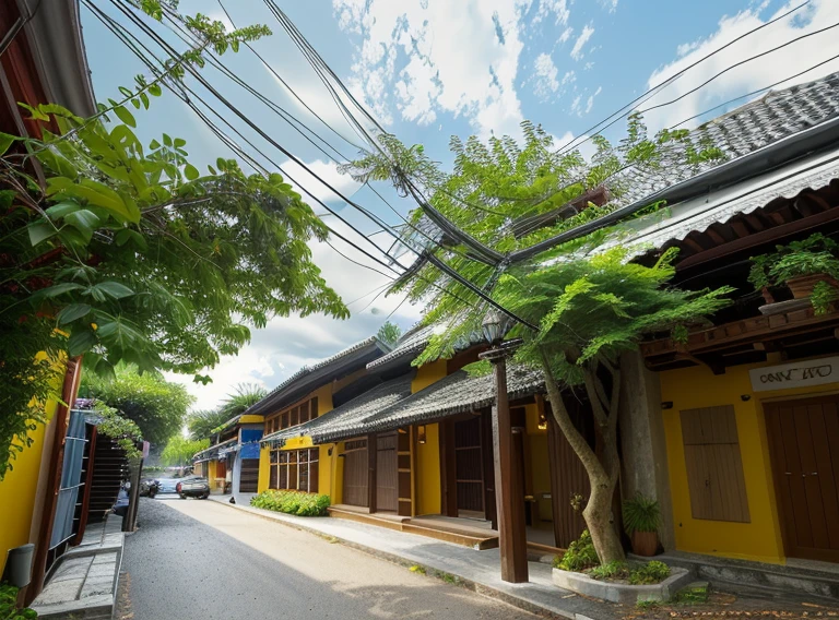 Hoi An Ancient Town; ((masterpiece,best quality,highres,sharp forcus)) (((detail forcus))) , (house in style of neoclassic) Clarify the details of moldings, decorative patterns, and exteriors