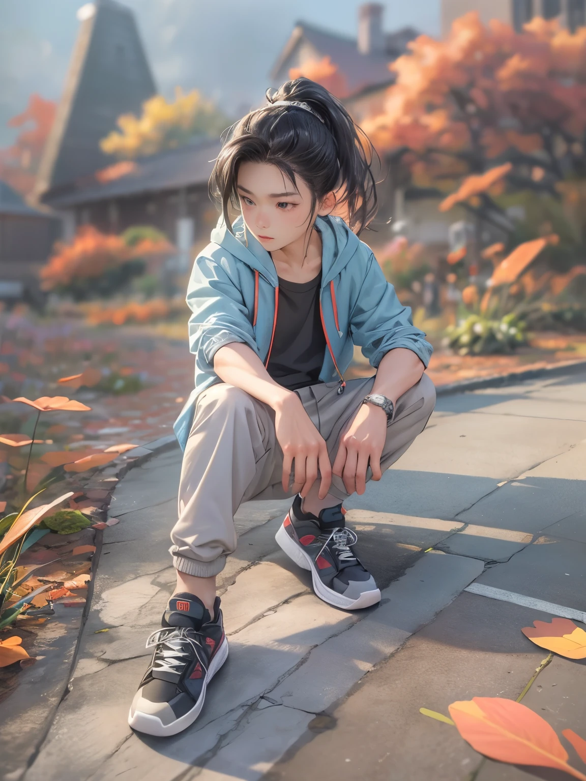 a masterpiece,Bestquality,offical art,8kwallpaper,Extremely Detailed,Illustration,23 year old 1BOY,ponnytail hair, Trendy outfits,watch,sneaker shoes,squat down,Hands droop naturally,Hooded jacket,Street side,