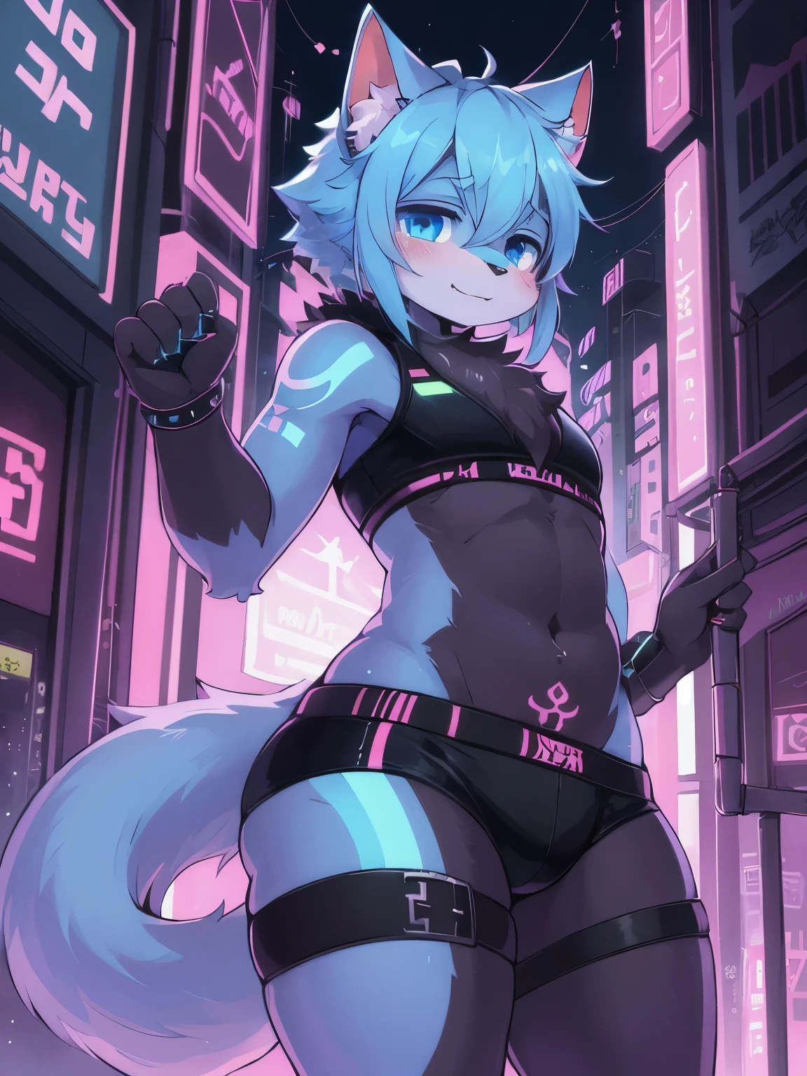 masterpiece, perfect anatomy, solo, 1boy, Furry, kemono, furry cat, anthropomorphic, male, dark fur, dark skin, blue eyes, femboy, cyberpunk clothes, revealing clothes, cyberpunk city, strip club, uploaded on e621, Cyberpunk technology. cybernetics, glowing womb tatoo