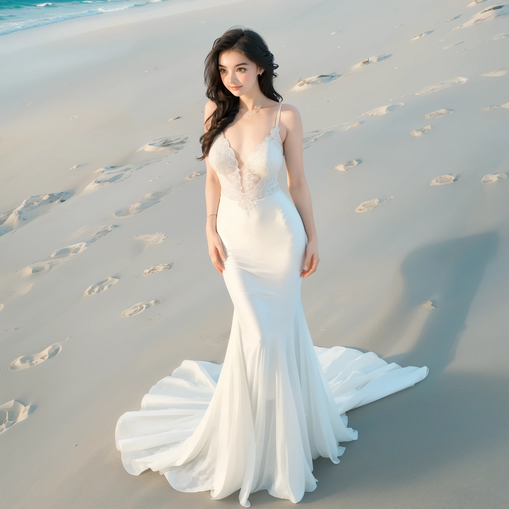 a woman in a white dress standing on a beach near the ocean, white gown, stunning elegant, in a long white dress, stunning ivory dress, soft elegant gown, wearing stunning ivory dress, beautiful gown, dressed beautiful gown, in wedding dresses, beautiful long white dress, beautiful and elegant, long white dress, sexy gown, gown, flowing gown, flowing dress