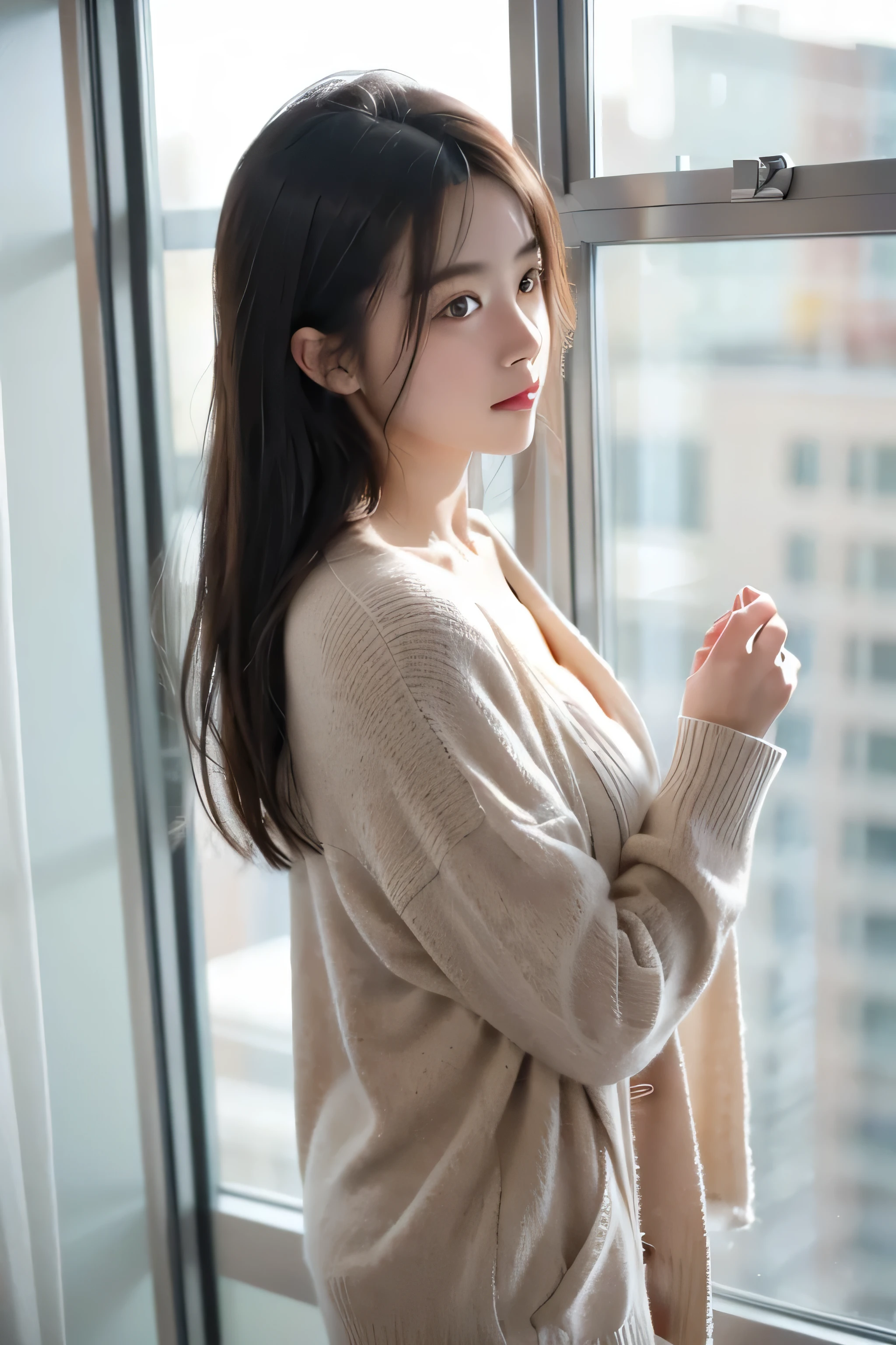 Photo of naked woman looking out window, （gray sweater, V-neck，cardigan），Image Source：Ji Chen, tumbler, aestheticism, stills, beautiful, pixiv . 35mm photo, , Bokeh, professional, 4k, Very detailed