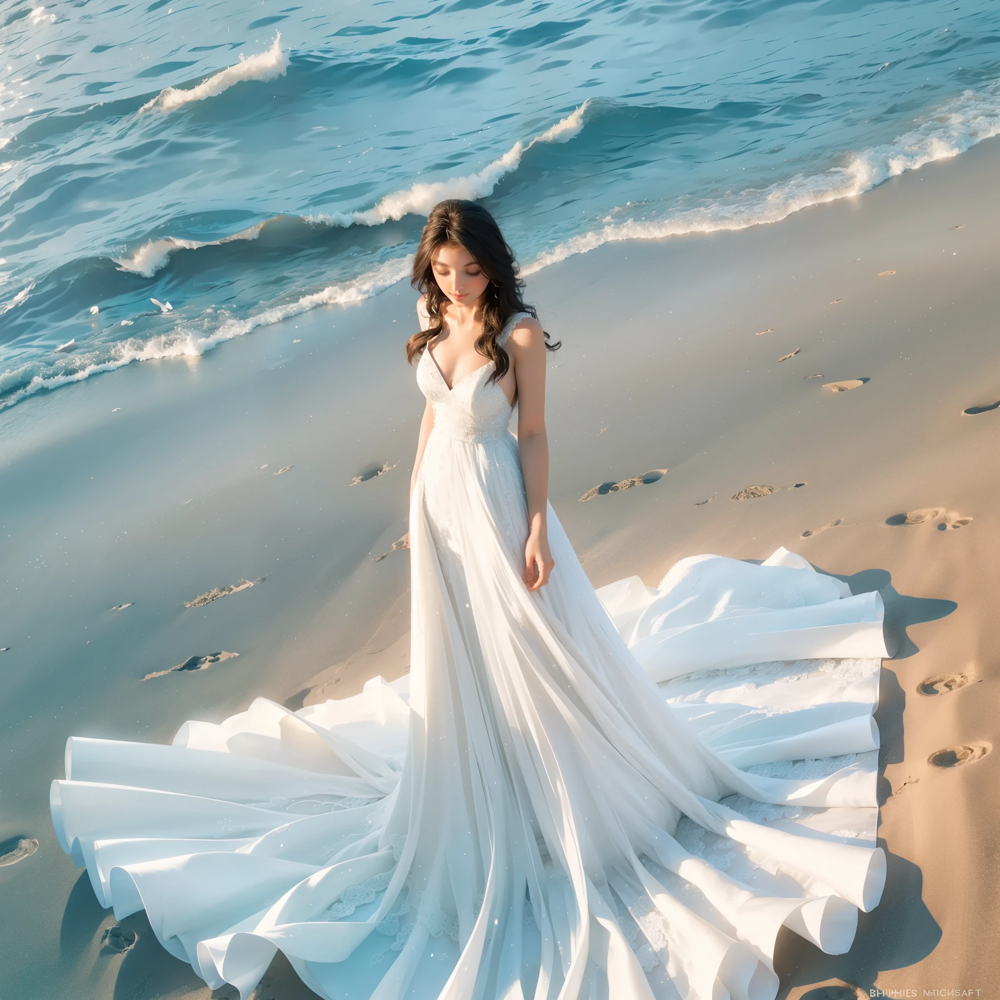 a woman in a white dress standing on a beach near the ocean, white gown, stunning elegant, in a long white dress, stunning ivory dress, soft elegant gown, wearing stunning ivory dress, beautiful gown, dressed beautiful gown, in wedding dresses, beautiful long white dress, beautiful and elegant, long white dress, sexy gown, gown, flowing gown, flowing dress