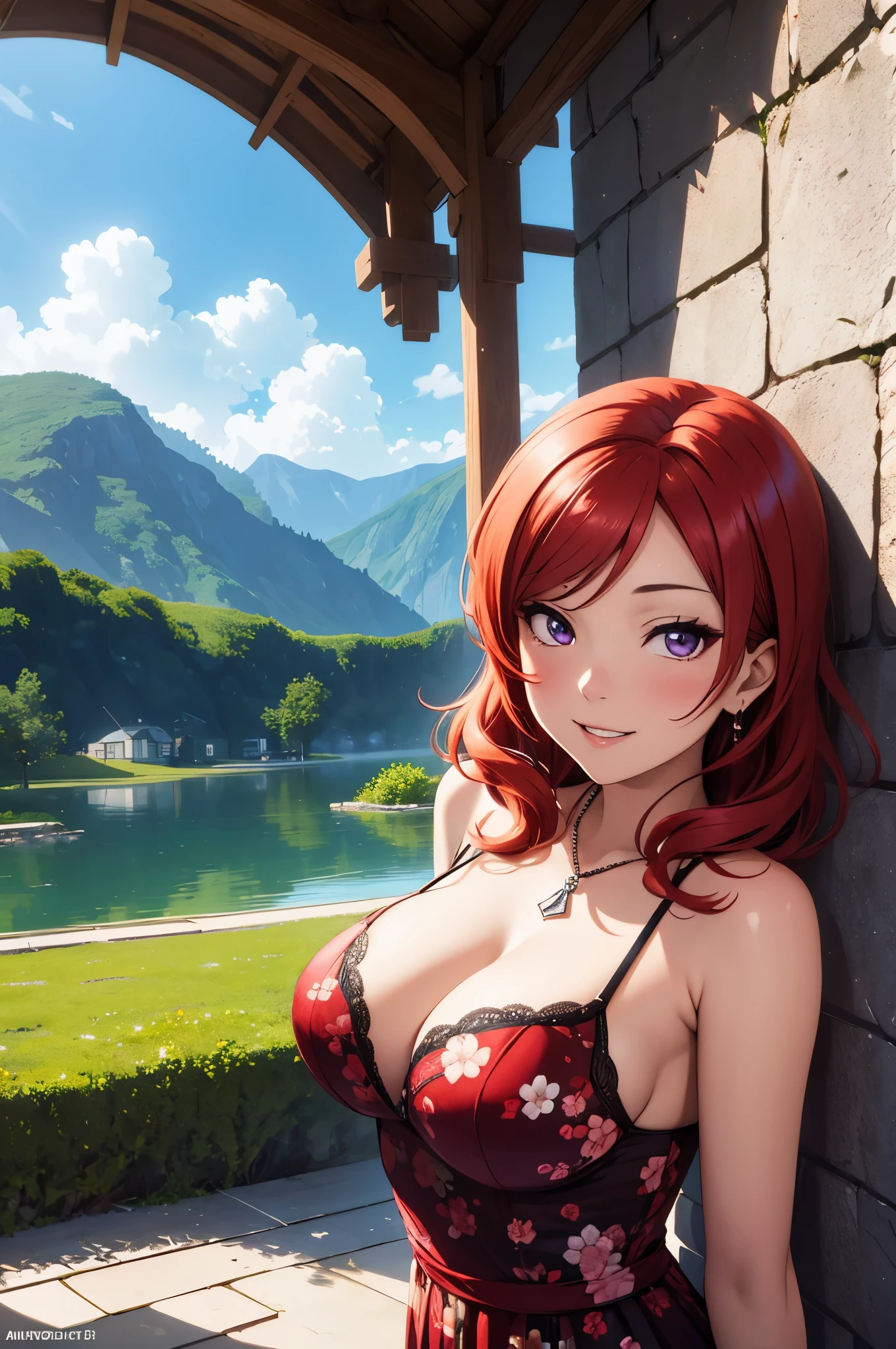 (Masterpiece, Best Quality, High Quality),Nishikino maki, Red hair, purple eyes, (from side),moist skin,volumetric lighting, illustration, beautiful, a bow,upper body, (camisole :1.1), big breasts, cleavage, floral print, looking at viewer,big breasts ,confident, seductive smile, (arms behind back, head tilt:1.1),hand on hip,heart pendant, perfect lighting, perfect shadows, flower, (breathtaking scenery:1.1), tree, blushing, outdoors 