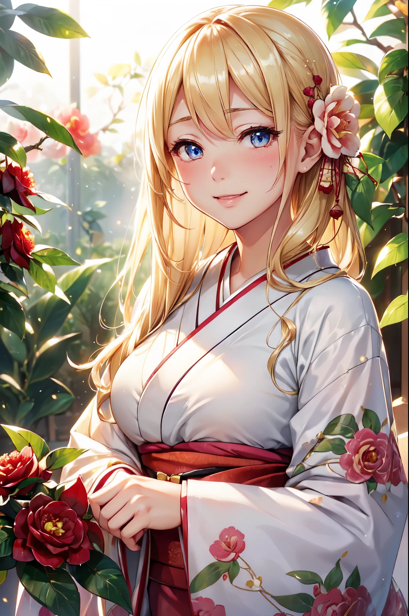 (High quality, High resolution, Fine details), (Camellia Garden:1.2), (Kimono), solo, curvy women, blond hair, sparkling eyes, (Detailed eyes:1.2), smile, blush, Sweat, Oily skin, shallow depth of field