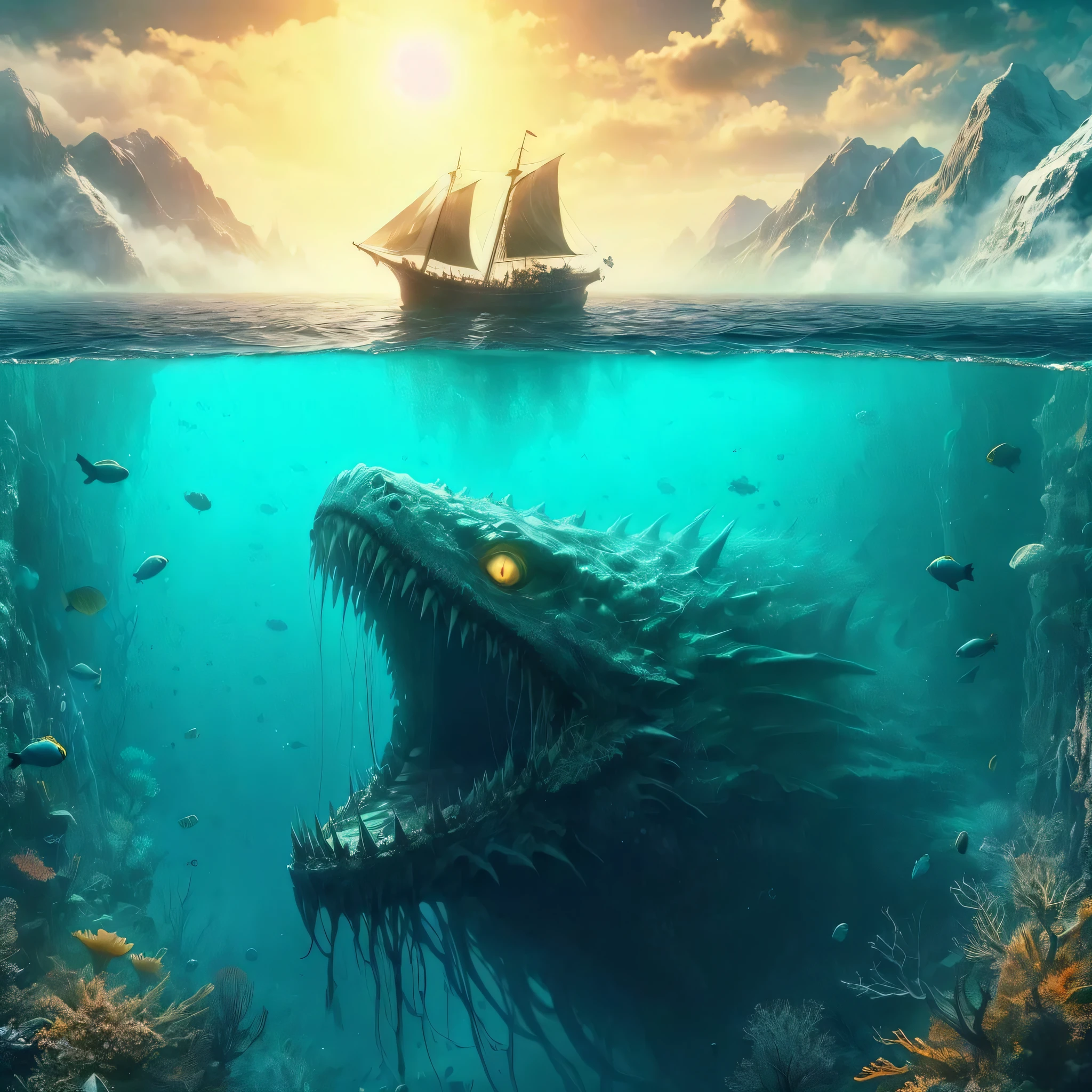 ,hp.lovecraft, image of a super deep lake,vague underwater, cloudy water,a colossal abyssal reptile dragon swimming under it, completely submerged, big eldritch hybrid shape,long bulky shape, twisted scary look coral and fish, underwater eldritch being, scales and fins,long fish like tail,small tentacles,claws,teeth, chimera,eyes, high contrast between under and above the water, warm color above but cold color under, some island on the surface,sun shine, skull
