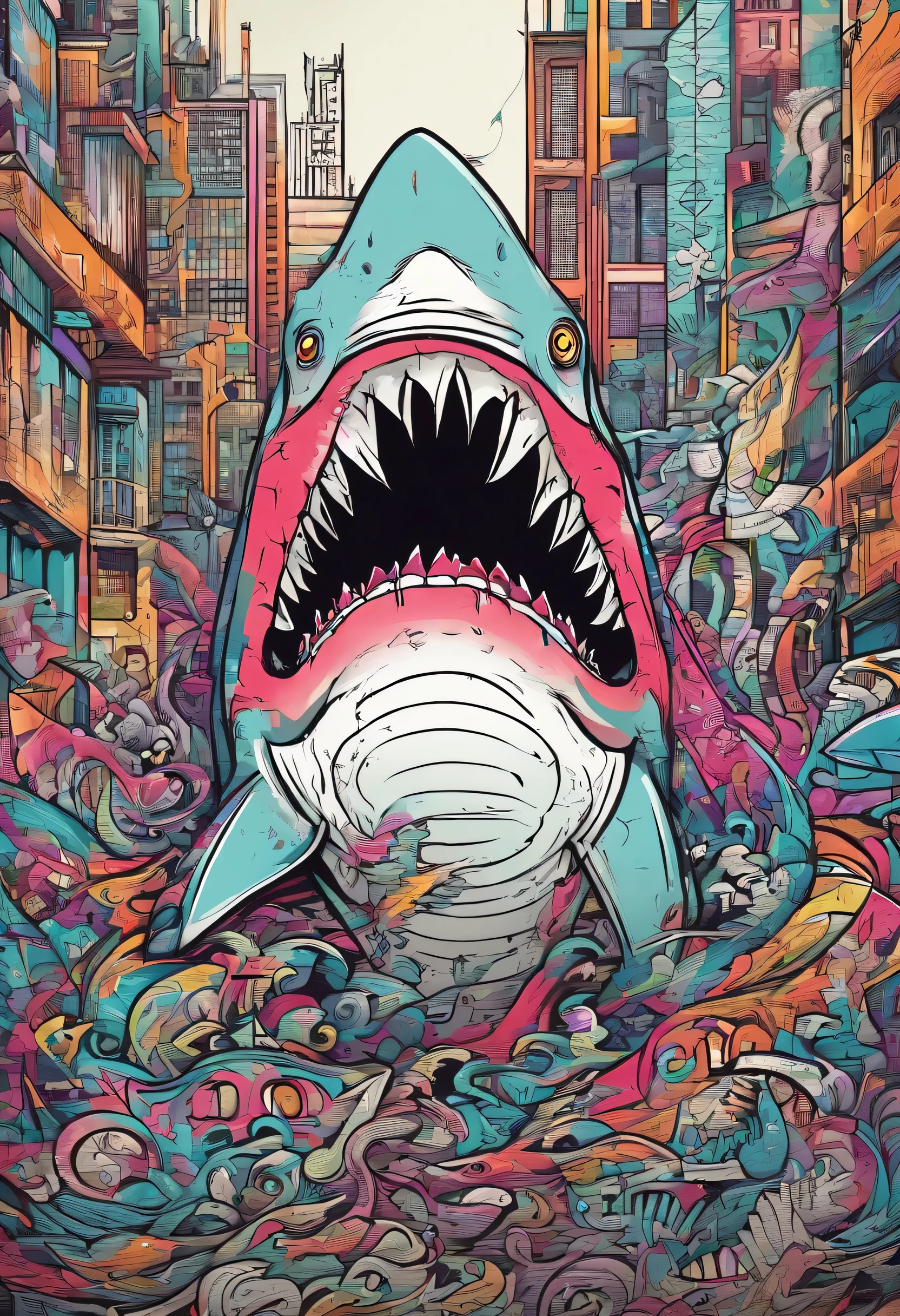 fast: doodles, shark monster beasts, bottomless，Deep，giant mouth，full length, A high resolution, High contrast，