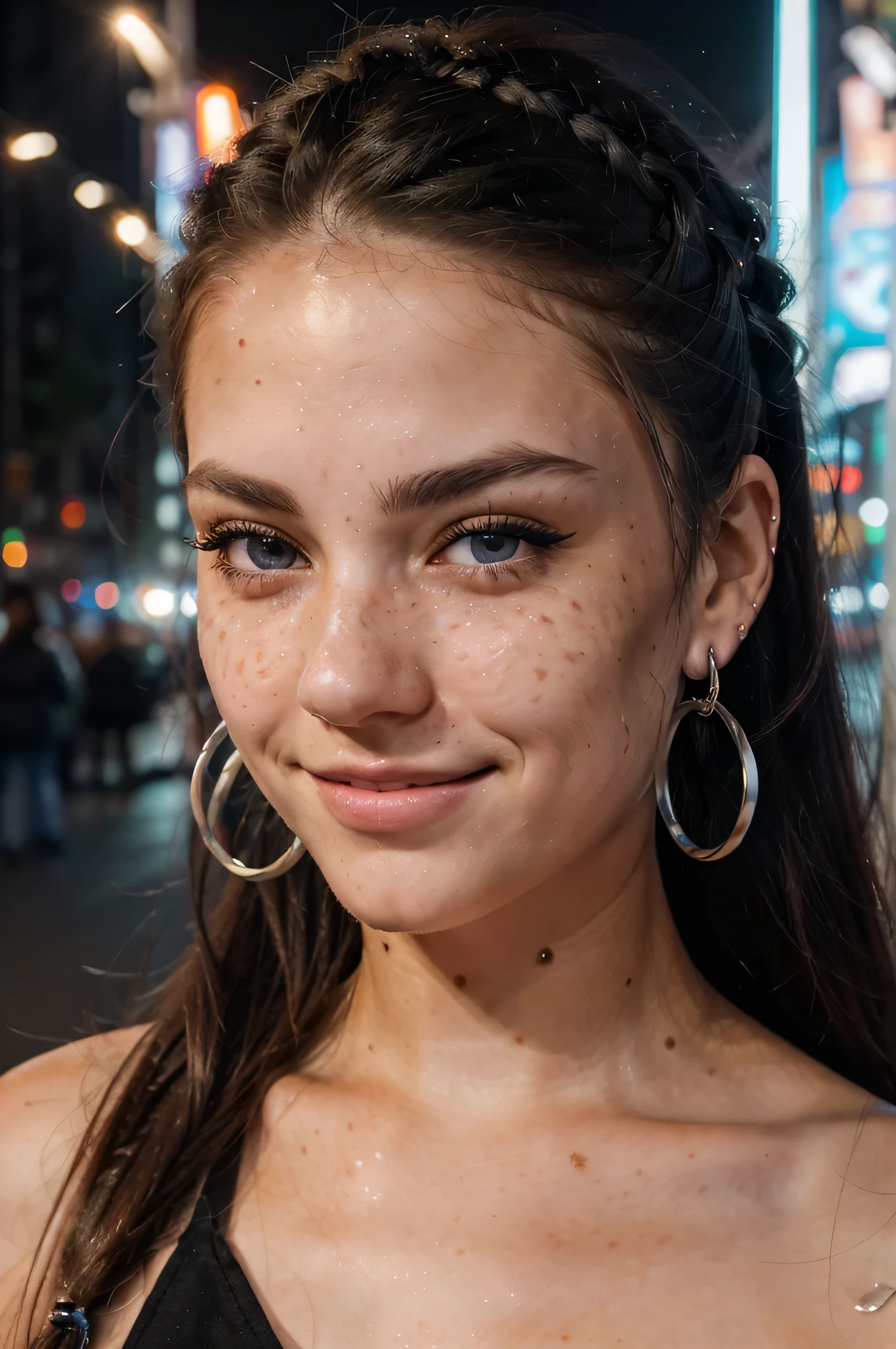 (closeup portrait of a woman with a cute smile and long one shaved side hair),(night in street),(best quality, highres:1.2),(ultra-detailed),(realistic:1.37),(HDR, studio lighting),(portrait),(vivid colors),(blueish color tone),(soft and warm lighting),(thin eyebrows),(long eyelashes),(sparkling eyes),(graffiti on the wall in the background),(street lights),(bokeh effect),(confident expression),(freckles on her cheeks),(silver hoop earrings),(edgy style),(glowing street signs),(city atmosphere)
