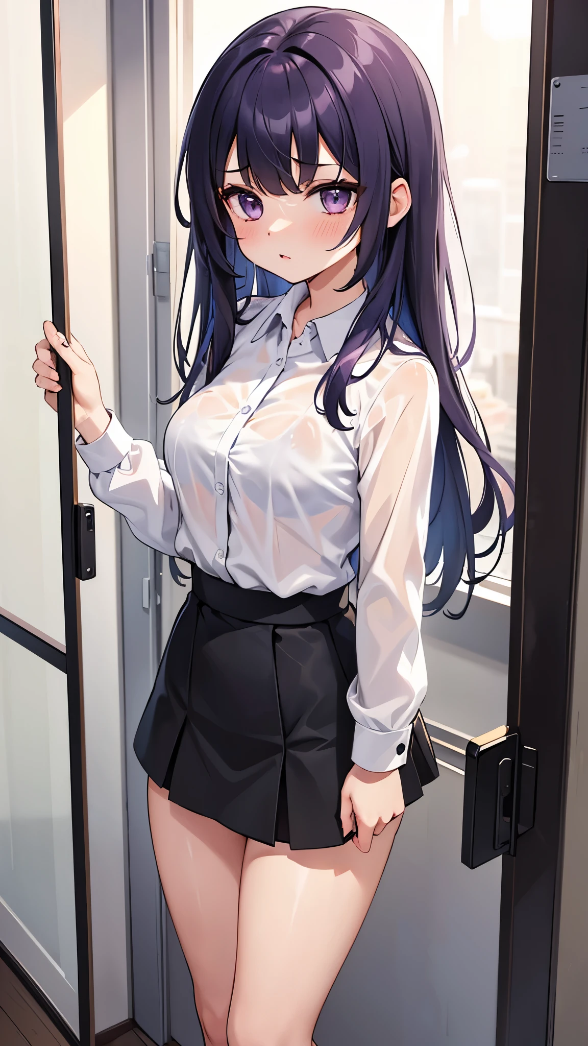 1girl, black_skirt, blush, bra, bralines, breasts, doorway, cellphone, long_hair, pencil_skirt, phone, purple_hair, rain, see-through, shirt, showering, skirt, smartphone, solo, underwear, wet, wet_clothes, wet_shirt, standing