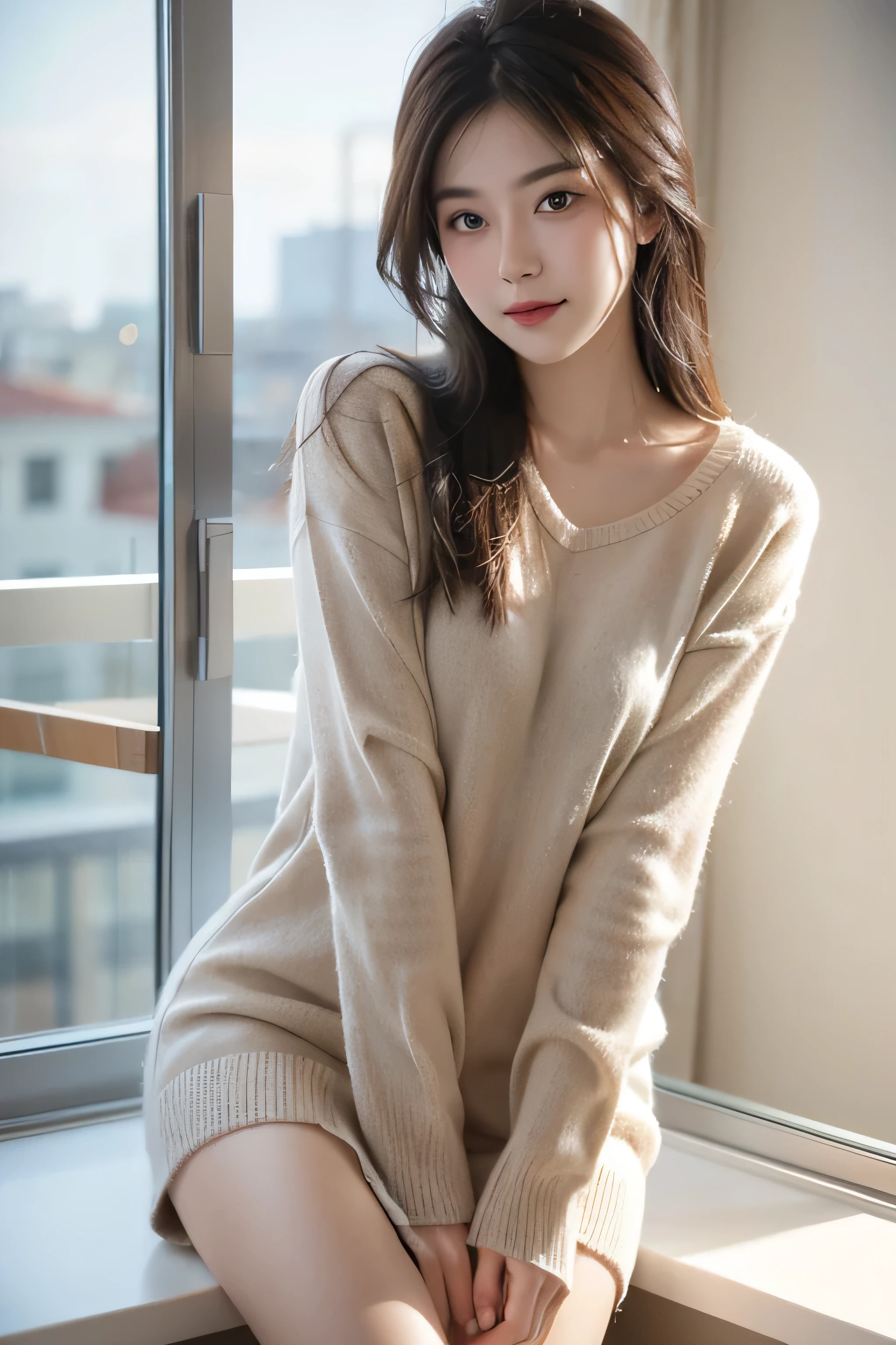 Photo naked woman sitting on windowsill, gray sweater, Image Source:Ji Chen, tumbler, aestheticism, stills, beautiful, pixiv . 35mm photo, , Bokeh, professional, 4k, Very detailed