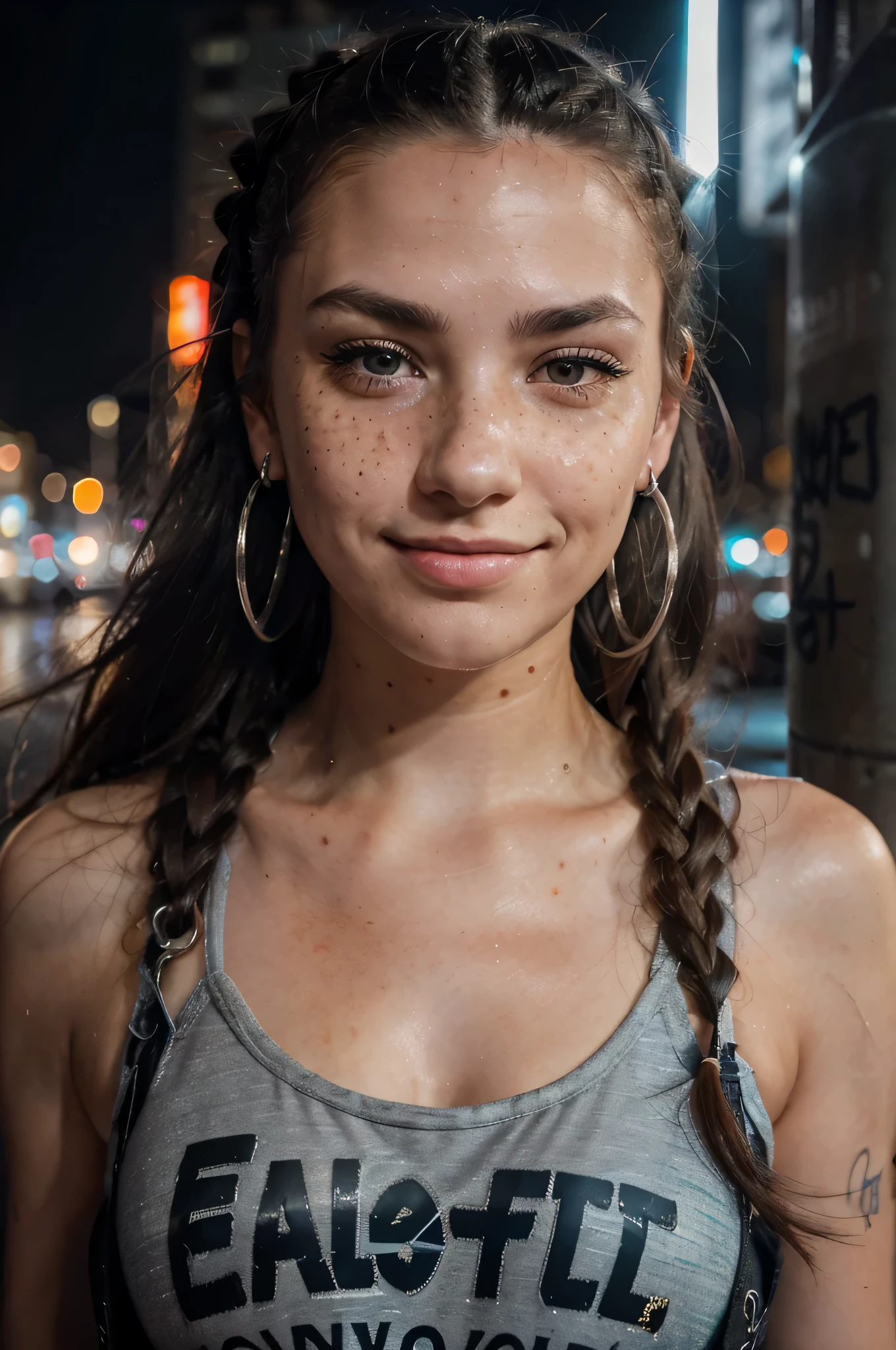 (closeup portrait of a woman with a cute smile and long one shaved side hair),(night in street),(best quality, highres:1.2),(ultra-detailed),(realistic:1.37),(HDR, studio lighting),(portrait),(vivid colors),(blueish color tone),(soft and warm lighting),(thin eyebrows),(long eyelashes),(sparkling eyes),(graffiti on the wall in the background),(street lights),(bokeh effect),(confident expression),(freckles on her cheeks),(silver hoop earrings),(edgy style),(glowing street signs),(city atmosphere)