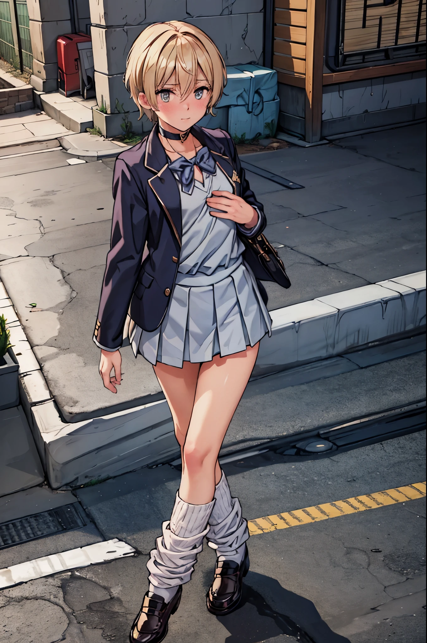Anime girl in a short skirt and jacket walking down the street - SeaArt AI