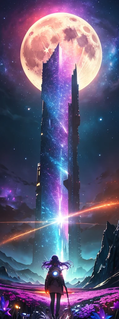 expansive landscape photograph , (a view from below that shows sky above and open field below), a girl standing on flower field looking up, (full moon:1.2), ( shooting stars:0.9), (nebula:1.3), distant mountain, tree, masterpiece, absurdres, 8k BREAK
production art, (warm light source:1.2), (Firefly:1.2), lamp, lot of purple and orange, intricate details, volumetric lighting BREAK
(masterpiece:1.2), (best quality), 4k, ultra-detailed, (dynamic composition:1.4), highly detailed, colorful details,( iridescent colors:1.2), (glowing lighting, atmospheric lighting), dreamy, magical, (solo:1.2)