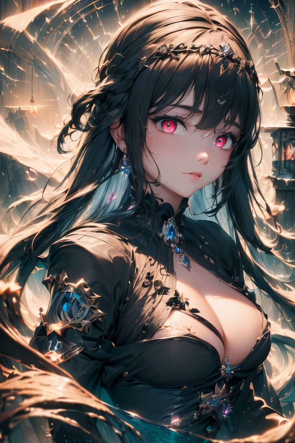 4K quality:1.2,1girl,sense of deps,disorganized,catch light,Super beautiful illustration,((black color,long hairstyles:1.3)),dark dark eyeshadow,(((4k,super beautiful,In detail,red eyes))),bright red lipstick,gothic ta,;D,beautiful and delicate hair
