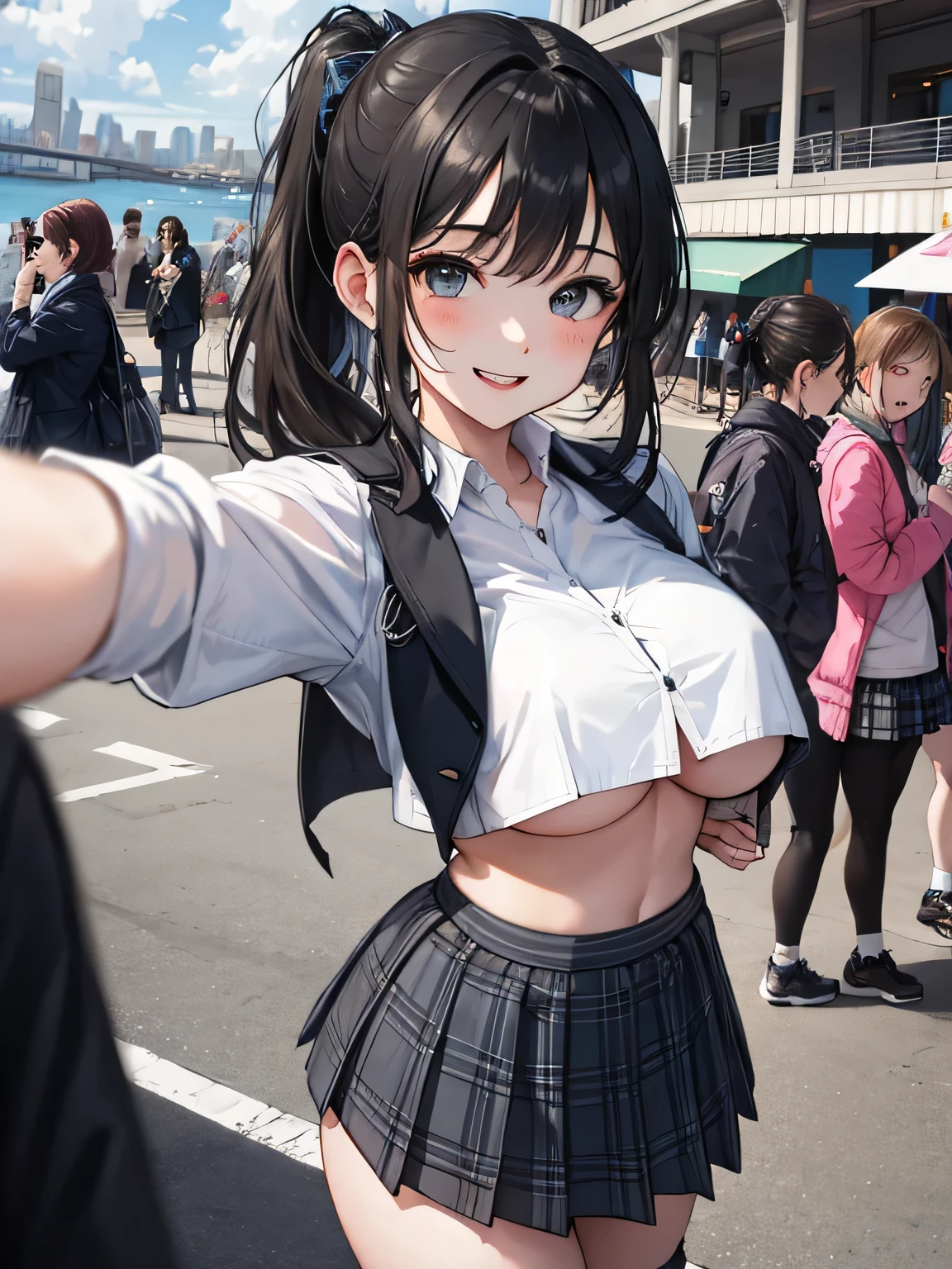 (8k、RAW photo、highest quality)、detailed background、beautiful and detailed face、beautiful and smooth skin、skin texture、professional lighting、Beautiful age girl、(three women)、(huge breasts)、sexy uniform、Pleated mini skirt with tartan plaid pattern、side pony、ponytail、cute hairstyle、ニーhigh socks、high socks、 selfie、school trip、Touch my chest playfully、laughter、smile、sexual expression、sydney、Australia、Opera House、harbor bridge、darling harbor、bondi beach 、You can also take photos with famous landmarks and symbols of your travel destination.、underboob、panty shot