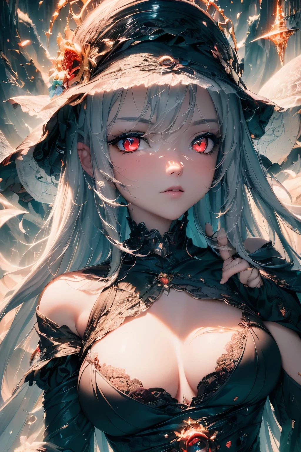 4K quality:1.2,1girl,sense of deps,disorganized,catch light,Super beautiful illustration,((black color,long hairstyles:1.3)),dark dark eyeshadow,(((4k,super beautiful,In detail,red eyes))),bright red lipstick,gothic ta,;D,beautiful and delicate hair