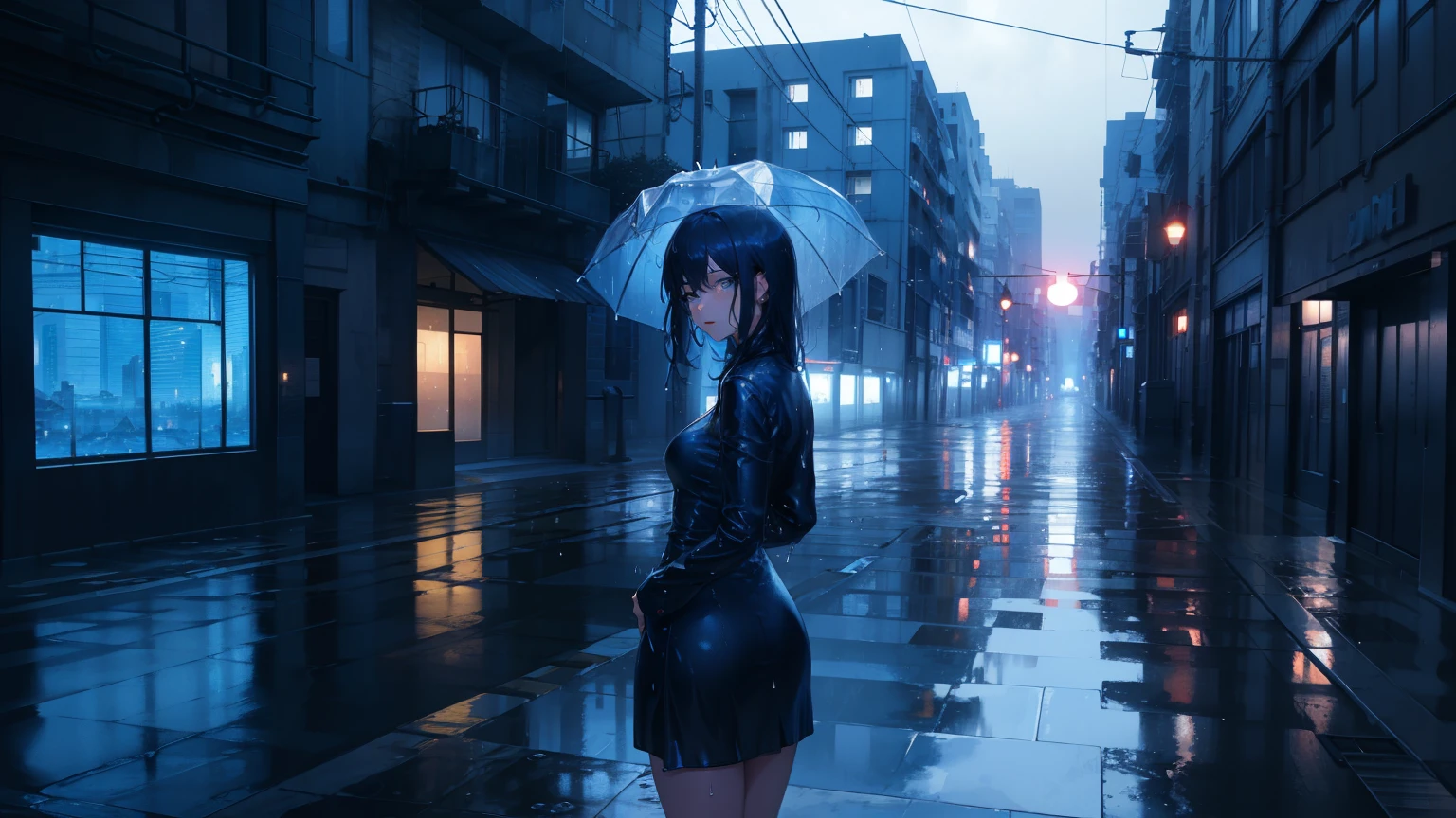 phblue, scenery, sexy, wet, no humans, landscape, (masterpiece,best quality:1.4), blue theme, city, dusk, 1girl, rain,cowboy shot, close up,