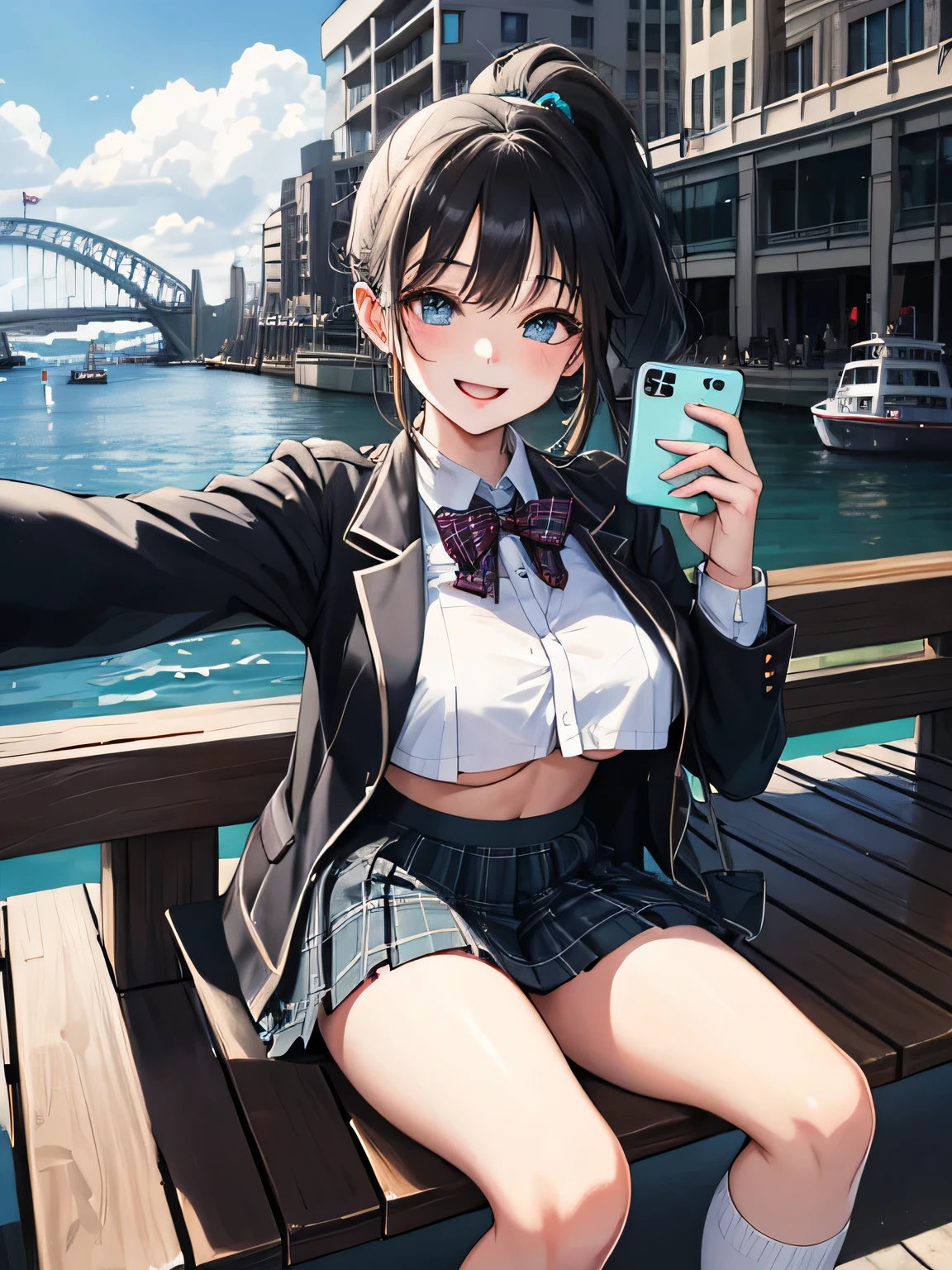 (8k、RAW photo、highest quality)、detailed background、beautiful and detailed face、beautiful and smooth skin、skin texture、professional lighting、Beautiful teenage girl、(three women)、(huge breasts)、sexy uniform、Pleated mini skirt with tartan plaid pattern、side pony、ponytail、cute hairstyle、ニーhigh socks、high socks、 selfie、school trip、Touch my chest playfully、laughter、smile、sexual expression、sydney、Australia、Opera House、harbor bridge、darling harbor、bondi beach 、You can also take photos with famous landmarks and symbols of your travel destination.、underboob、panty shot