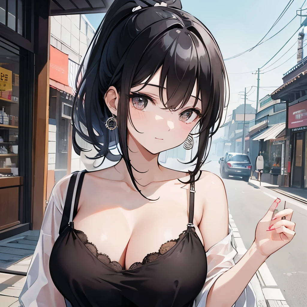 black hair、medium hair、ponytail、circle earrings、camisole、big breasts、pale black eyes、、Kyoto、happy look、Shopping、looking side