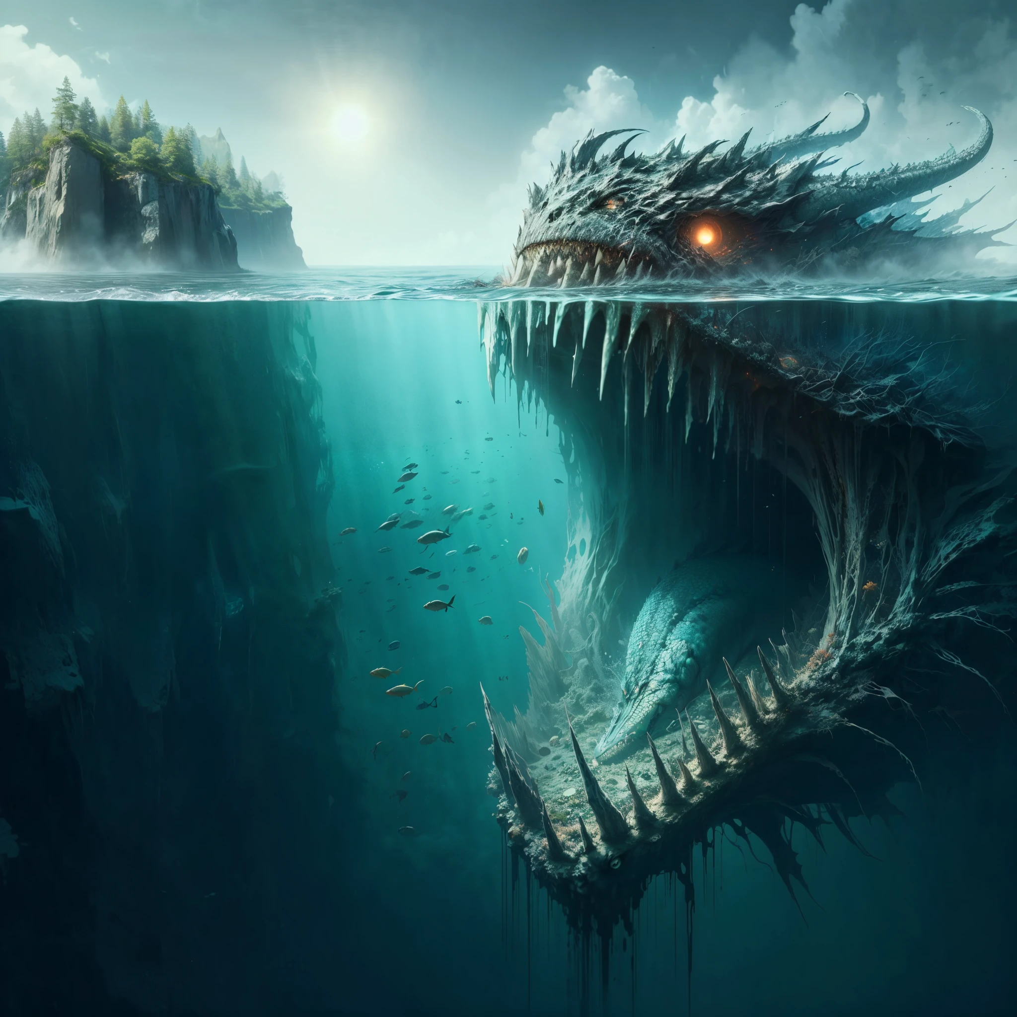 ,hp.lovecraft, image of a super deep lake,vague underwater, cloudy water,a colossal abyssal reptile dragon swimming under it, completely submerged, big eldritch hybrid shape,long bulky shape, twisted scary look coral and fish, underwater eldritch being, scales and fins,long fish like tail,small tentacles,claws,teeth, chimera,eyes, high contrast between under and above the water, warm color above but cold color under, some island on the surface,sun shine, skull