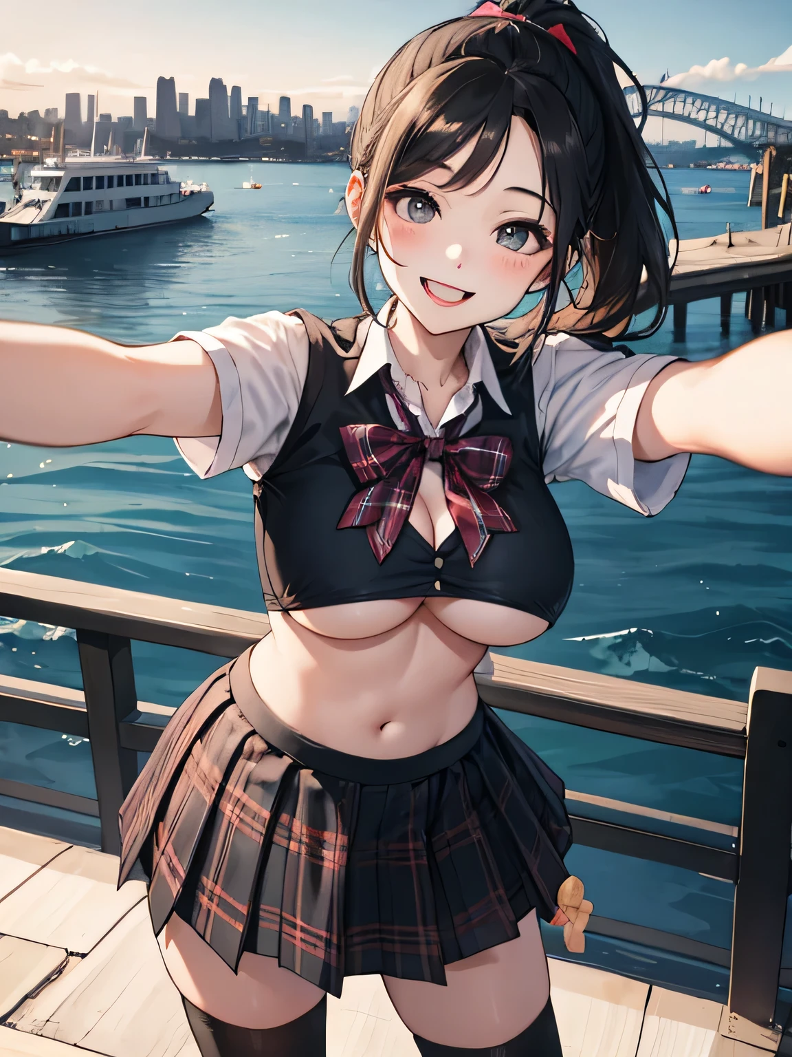 (8k、RAW photo、highest quality)、detailed background、beautiful and detailed face、beautiful and smooth skin、skin texture、professional lighting、Beautiful age girl、(three women)、(huge breasts)、sexy uniform、Pleated mini skirt with tartan plaid pattern、side pony、ponytail、cute hairstyle、ニーhigh socks、high socks、 selfie、school trip、Touch my chest playfully、laughter、smile、sexual expression、sydney、Australia、Opera House、harbor bridge、darling harbor、bondi beach 、You can also take photos with famous landmarks and symbols of your travel destination.、underboob、panty shot