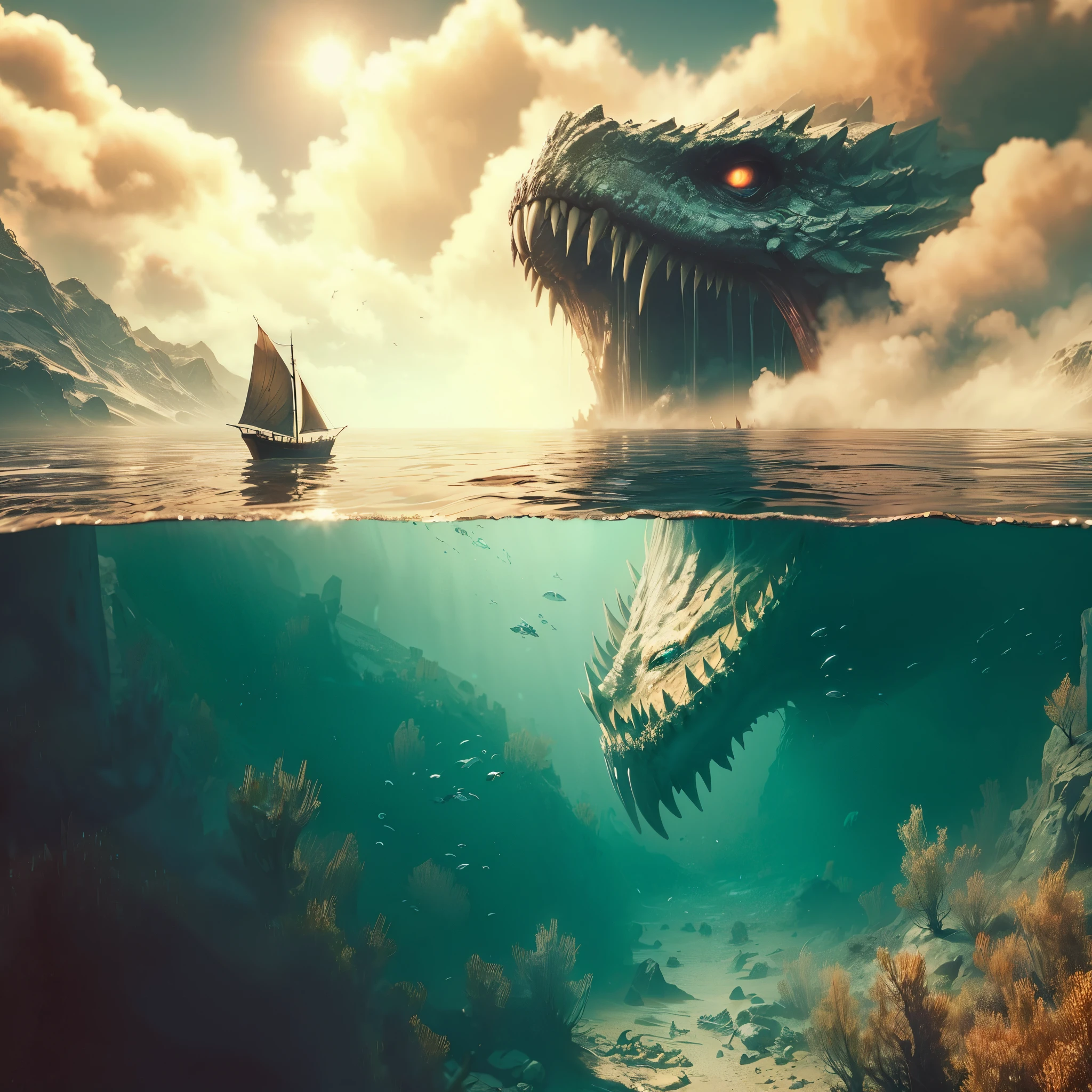 ,hp.lovecraft, image of a super deep lake,vague underwater, cloudy water,a colossal abyssal reptile dragon swimming under it, completely submerged, big eldritch hybrid shape,long bulky shape, twisted scary look coral and fish, underwater eldritch being, scales and fins,long fish like tail,small tentacles,claws,teeth, chimera,eyes, high contrast between under and above the water, warm color above but cold color under, some island on the surface,sun shine, skull 