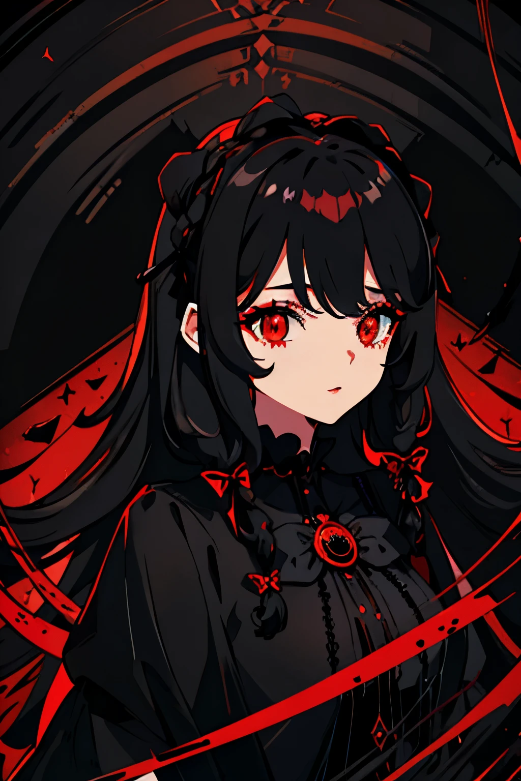 4K quality:1.2,1girl,sense of deps,disorganized,catch light,Super beautiful illustration,((black color,long hairstyles:1.3)),dark dark eyeshadow,(((4k,super beautiful,In detail,red eyes))),bright red lipstick,gothic lolita,;D,beautiful and delicate hair